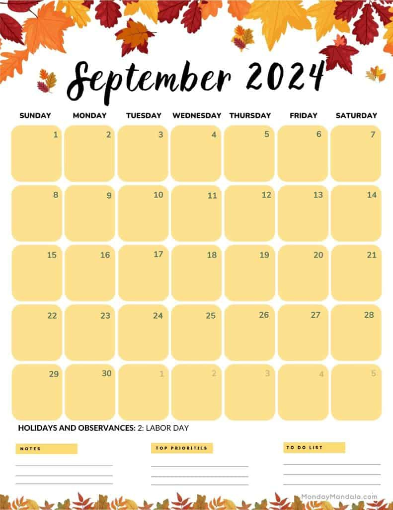 September 2024 Calendars (52 Free Pdf Printables) regarding September 2024 Calendar Theme Ideas