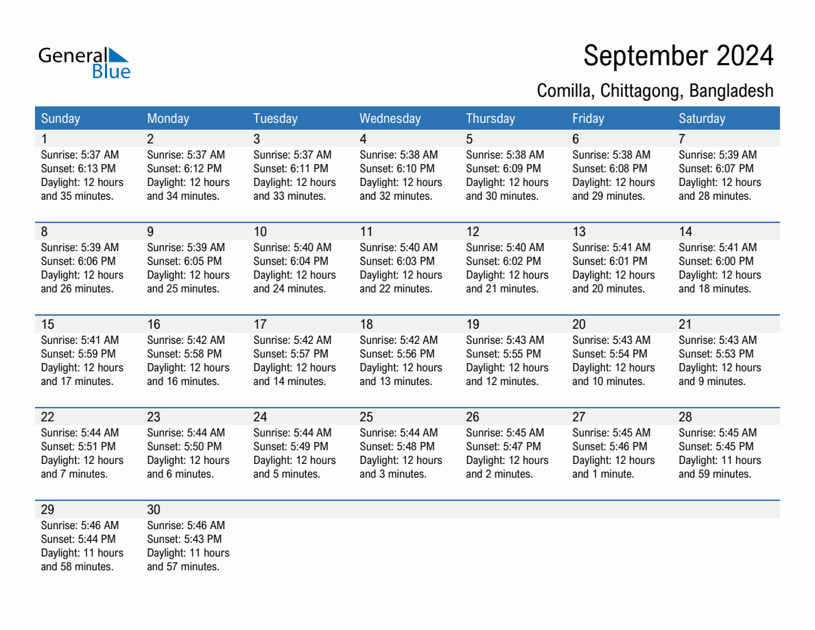 September 2024 Sunrise And Sunset Calendar For Comilla (Pdf, Excel throughout September 2024 Calendar Weather