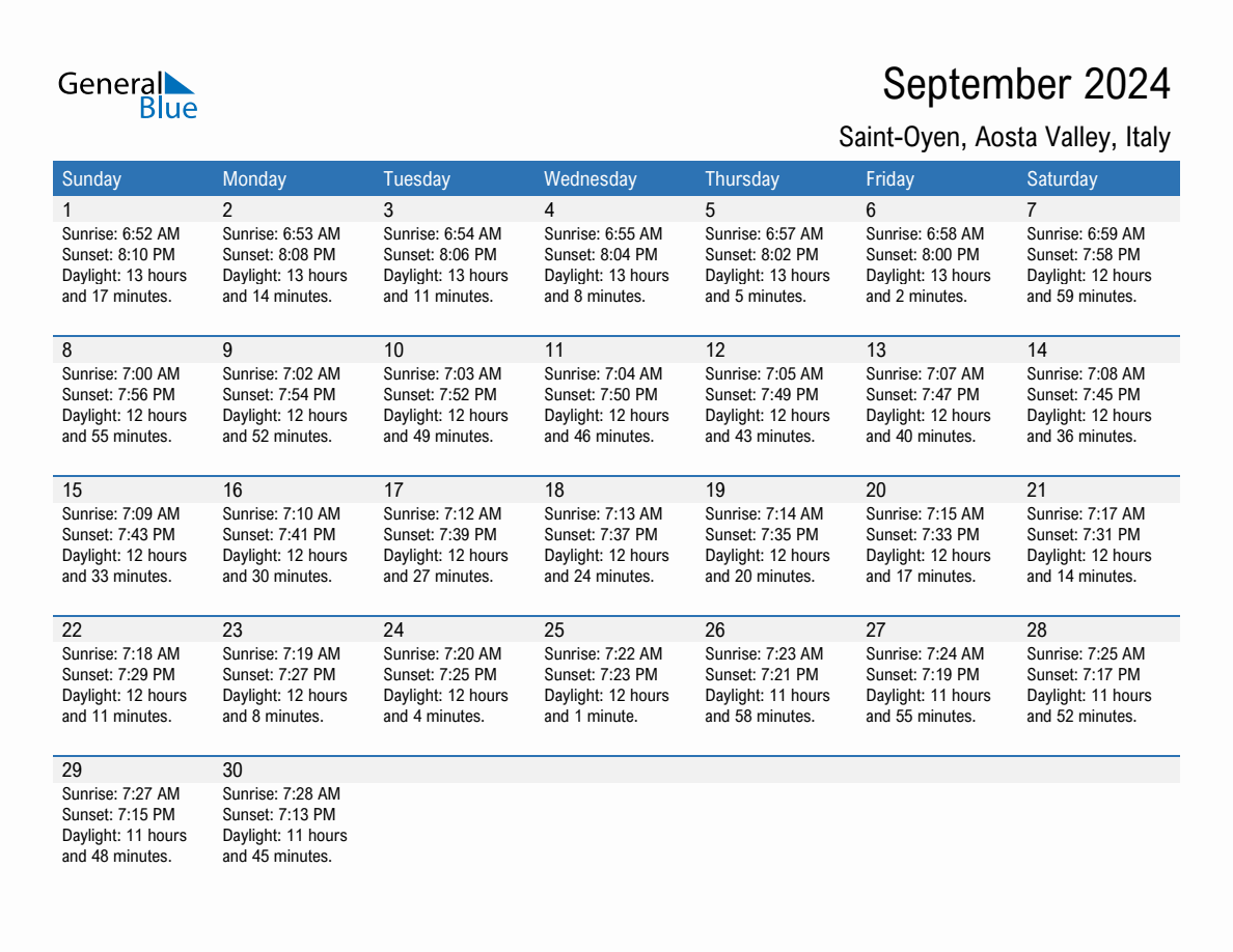 September 2024 Sunrise And Sunset Calendar For Saint-Oyen (Pdf for September Saints Calendar 2024