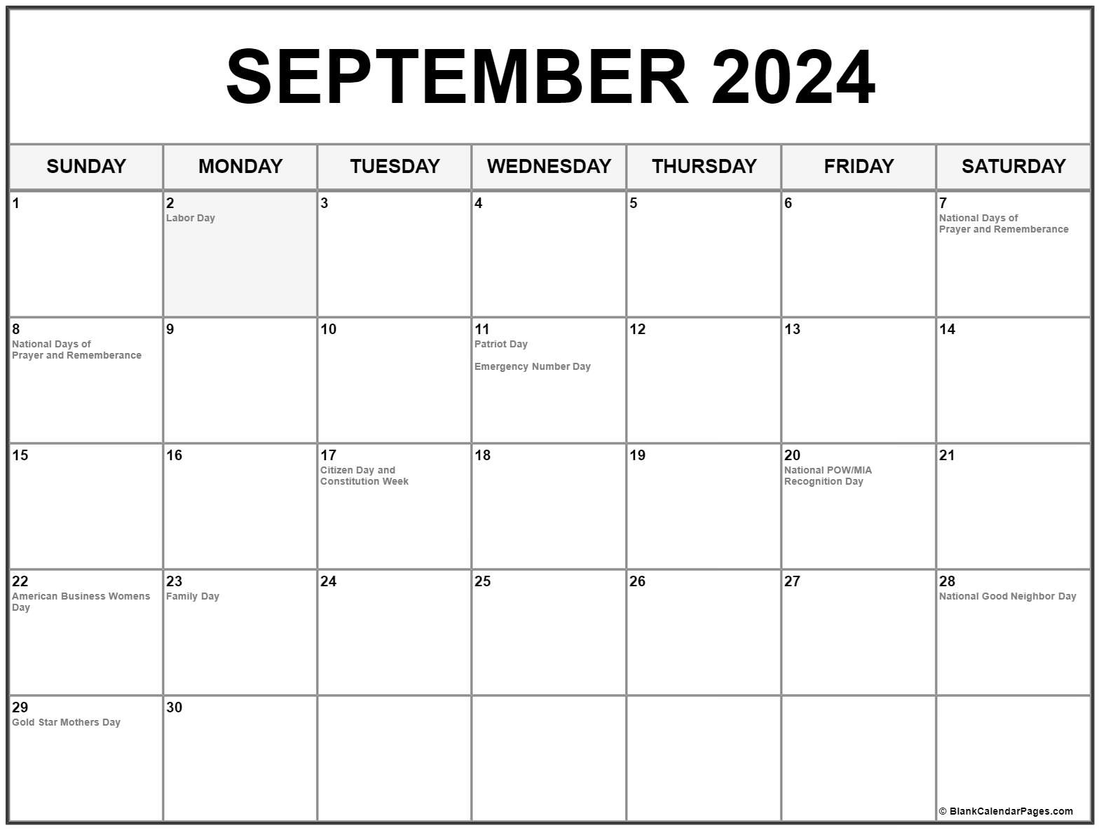 September 2024 With Holidays Calendar intended for September 2024 Calendar Events