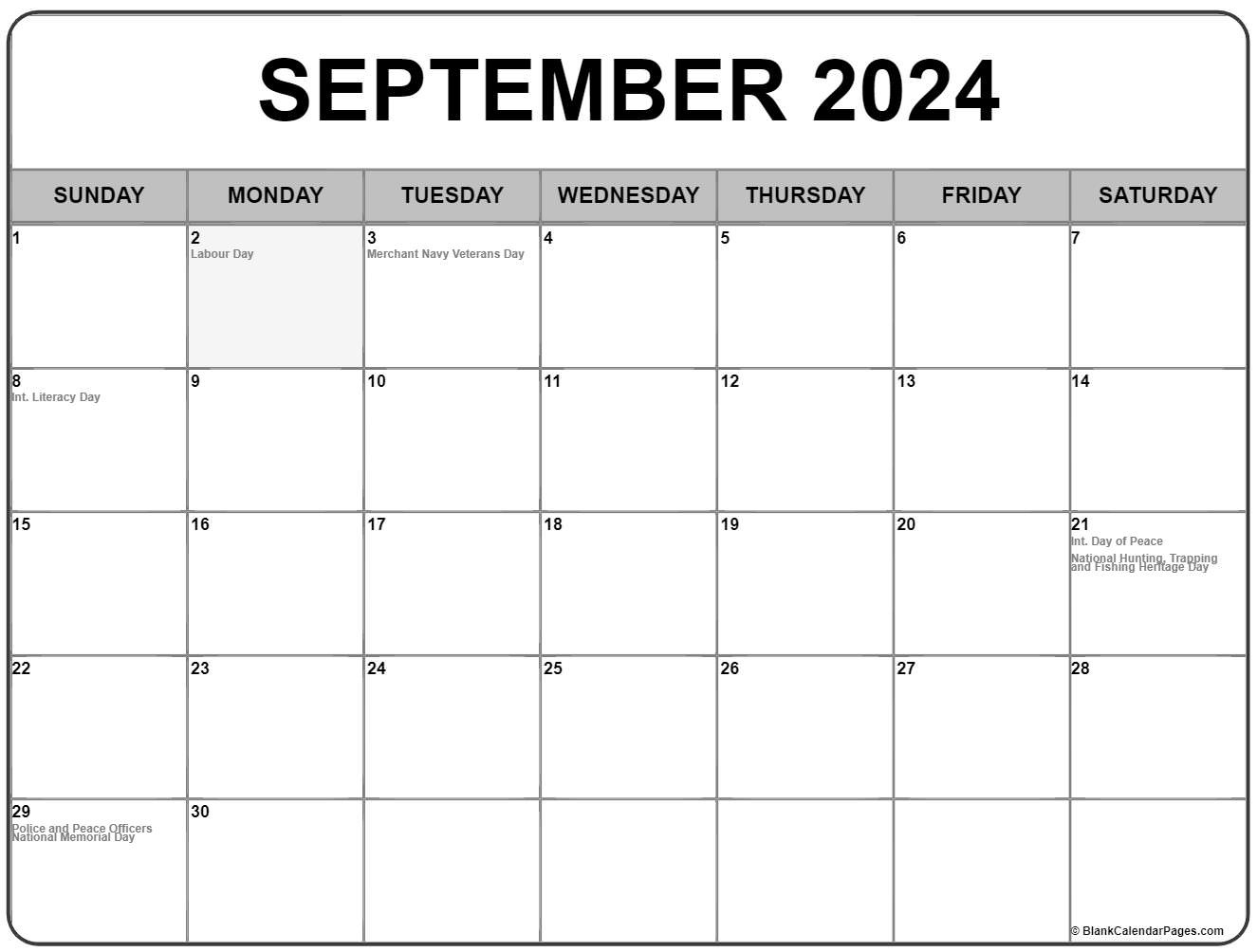 September 2024 With Holidays Calendar throughout September 2024 Calendar Canada