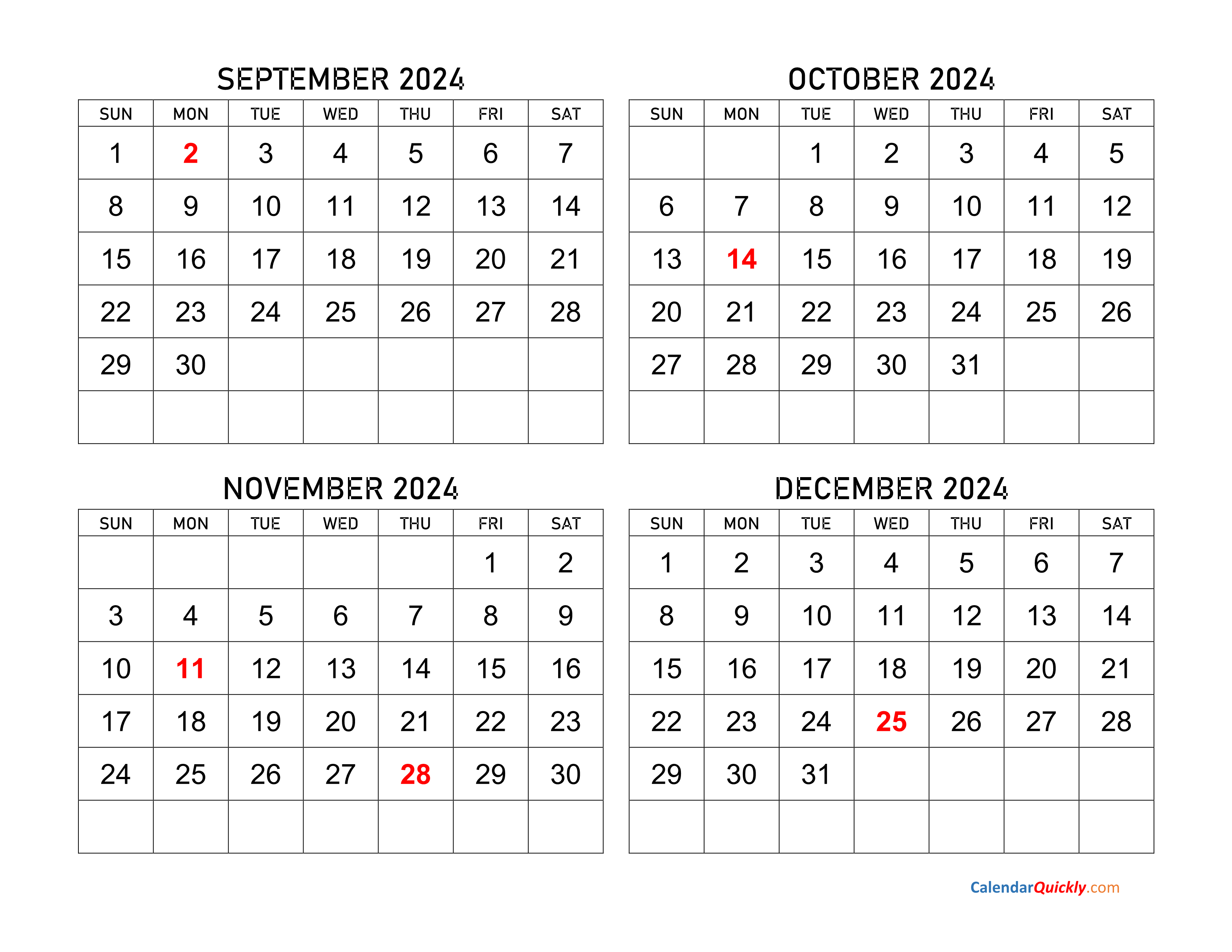 September To December 2024 Calendar | Calendar Quickly in 2024 Calendar September October November December