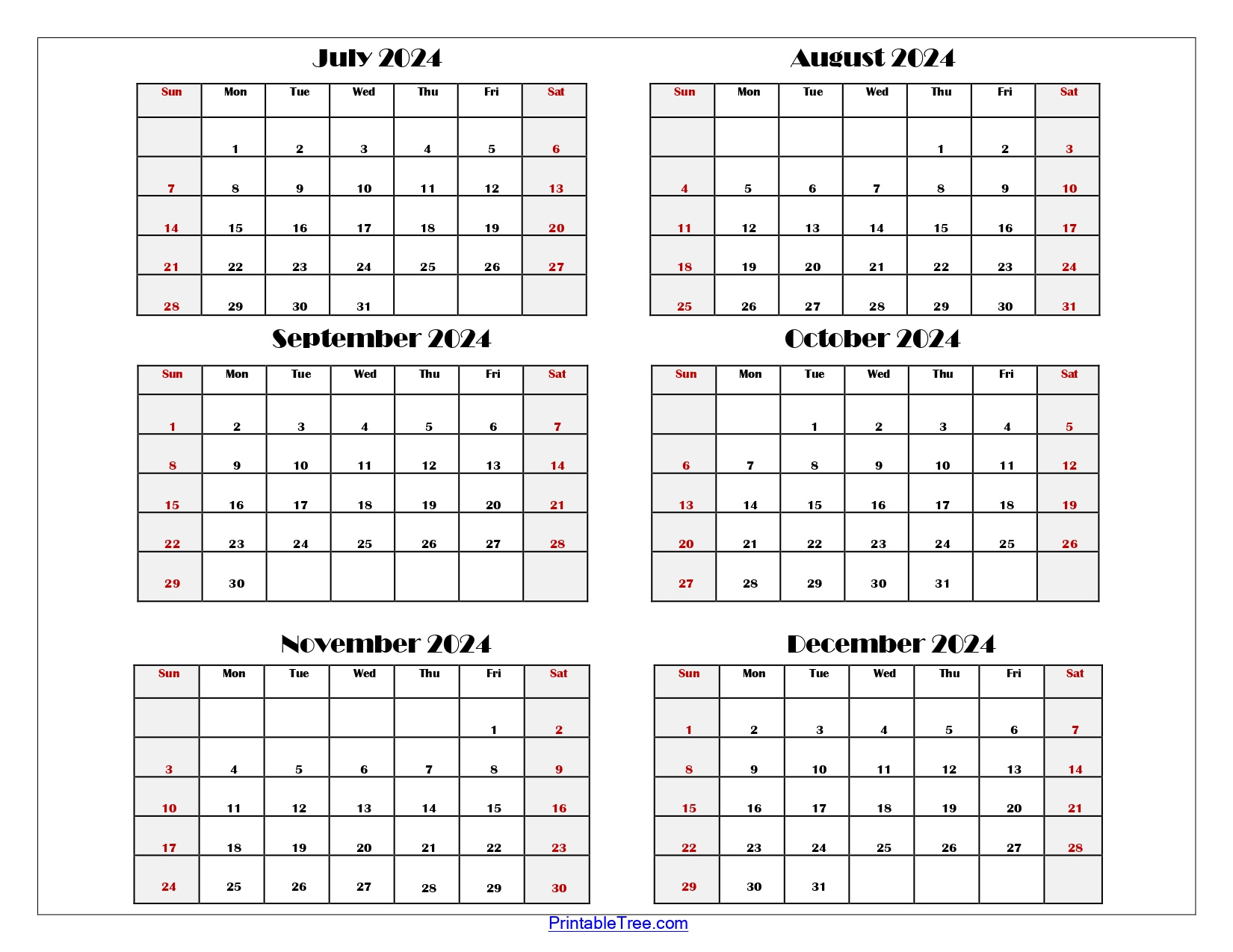 Six Month Calendar 2024 Printable Pdf- 6 Months Calendar Per Page for Calendar June July August September October 2024