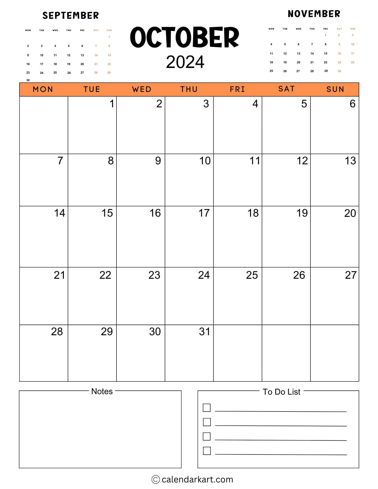 38 Printable October 2024 Calendars | Free Pdf - Calendarkart for October 2024 Calendar Monday Start