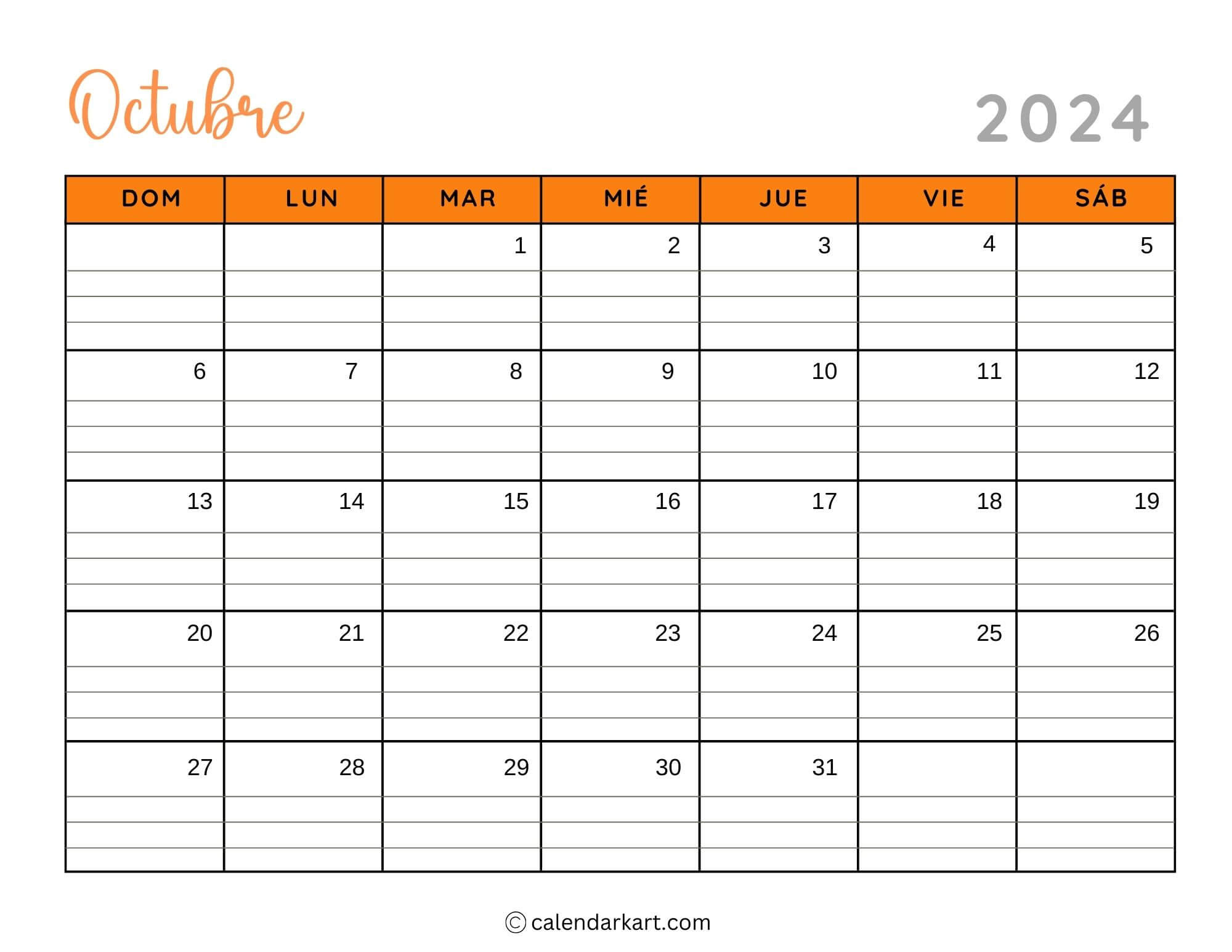 38 Printable October 2024 Calendars | Free Pdf - Calendarkart in October 2024 Printable Calendar With Lines