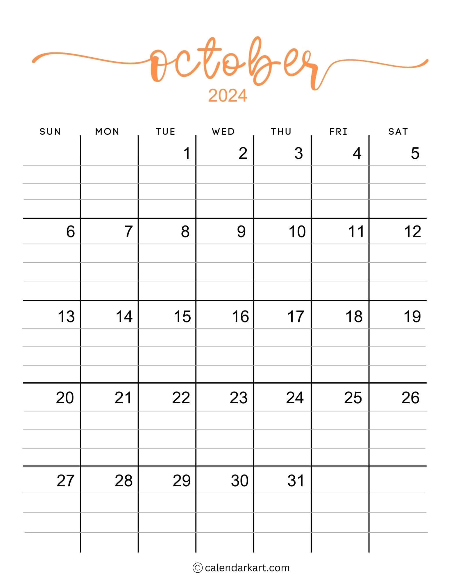 38 Printable October 2024 Calendars | Free Pdf - Calendarkart regarding October 2024 Calendar With Lines Printable