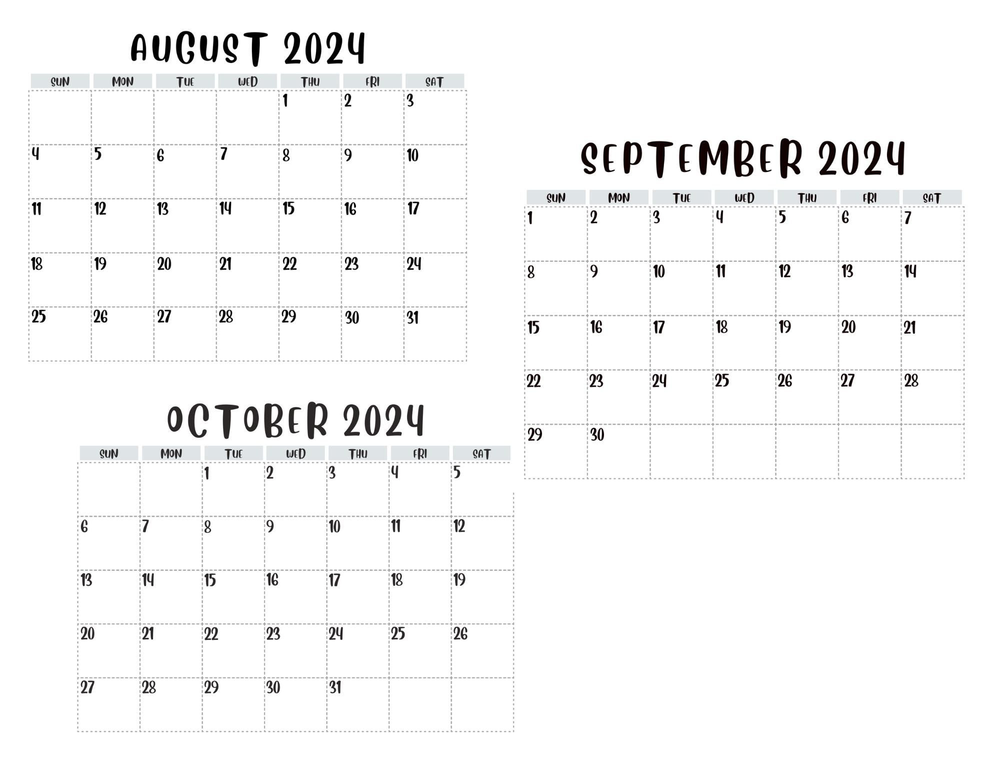 Aug - Oct 2024 Calendar / August Printable Calendar / Monthly with August-October 2024 Calendar