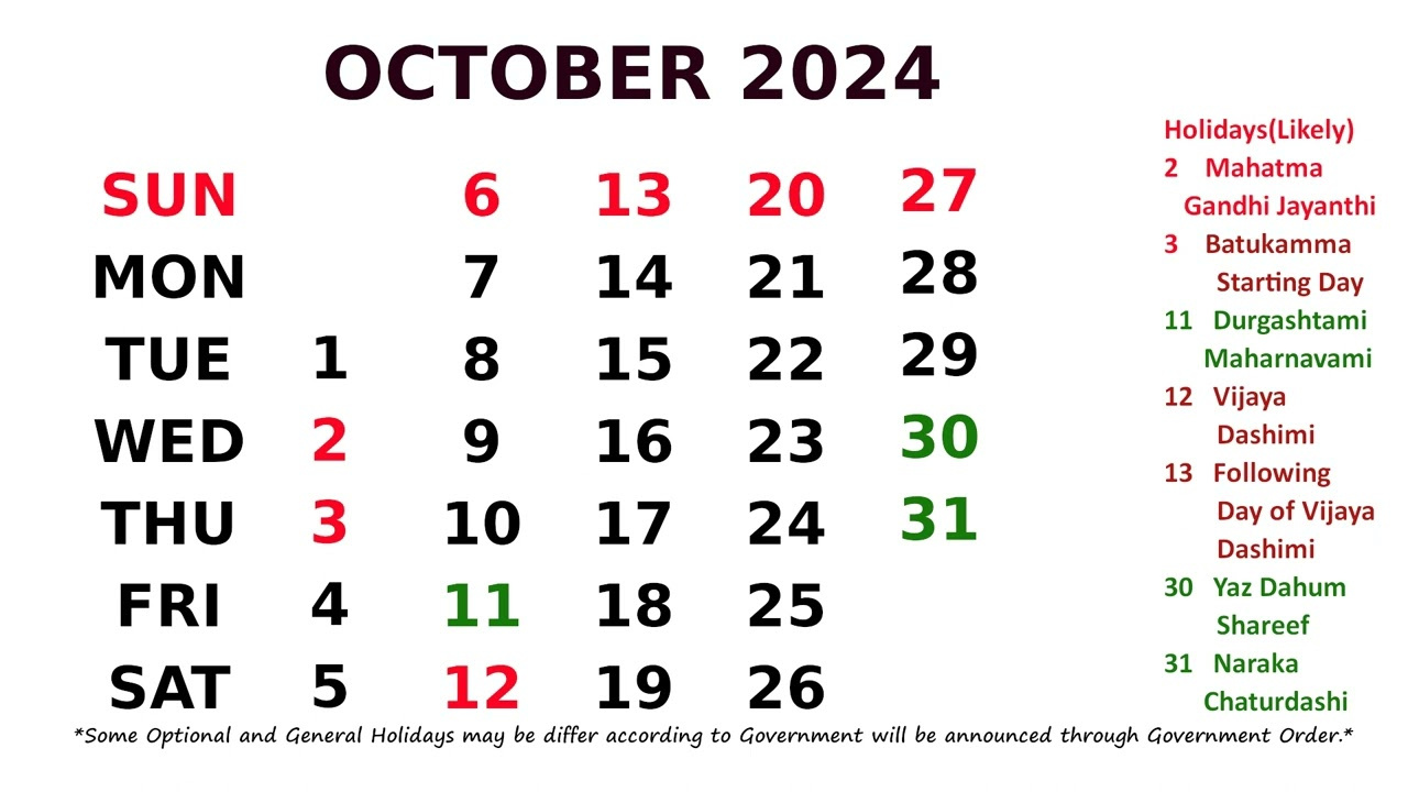 Calendar October 2024 for October Holidays 2024 Holiday Calendar