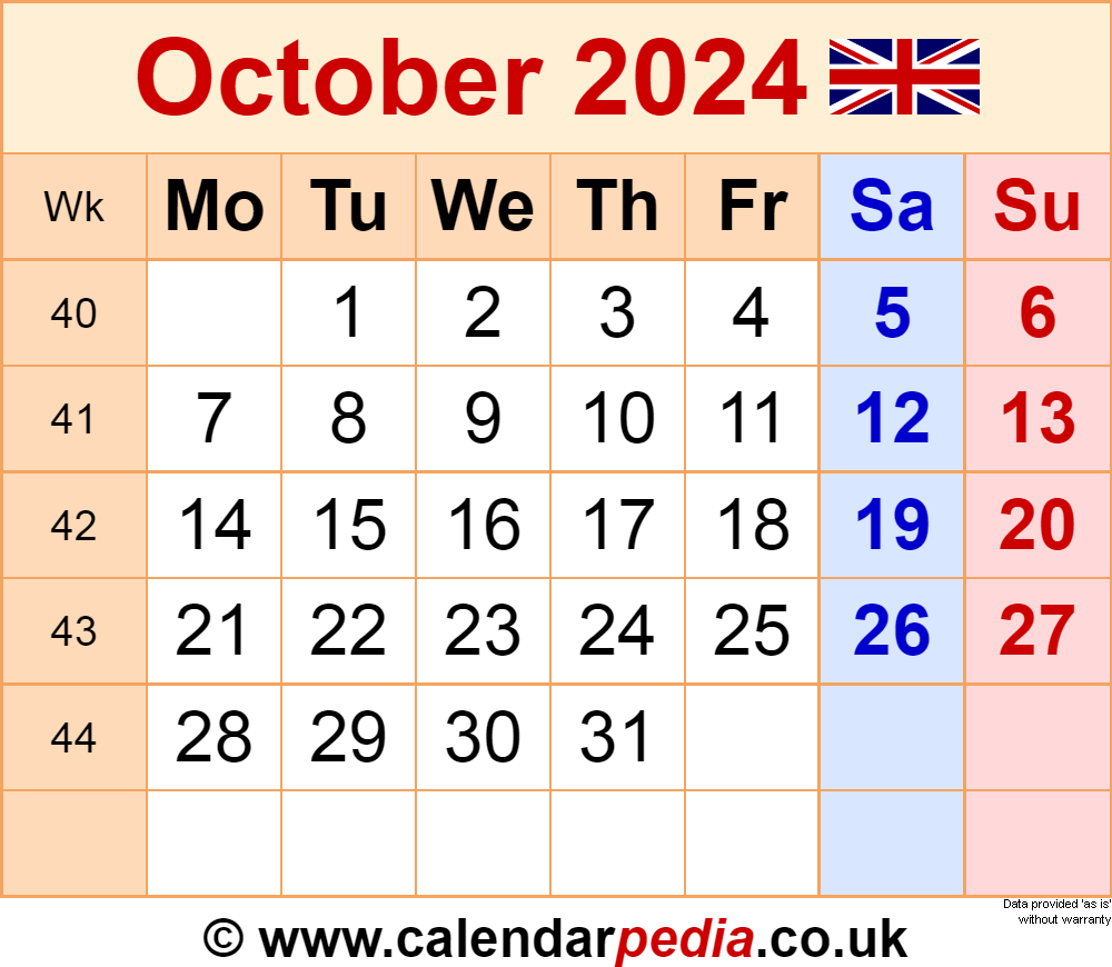 Calendar October 2024 Uk With Excel, Word And Pdf Templates intended for 28 October 2024 Calendar