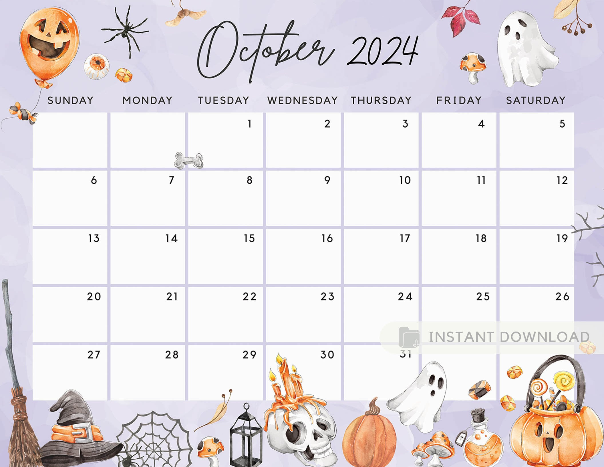 Fillable October 2024 Calendar, Halloween Fun Spooky Party Night for Calendar October 2024 Editable