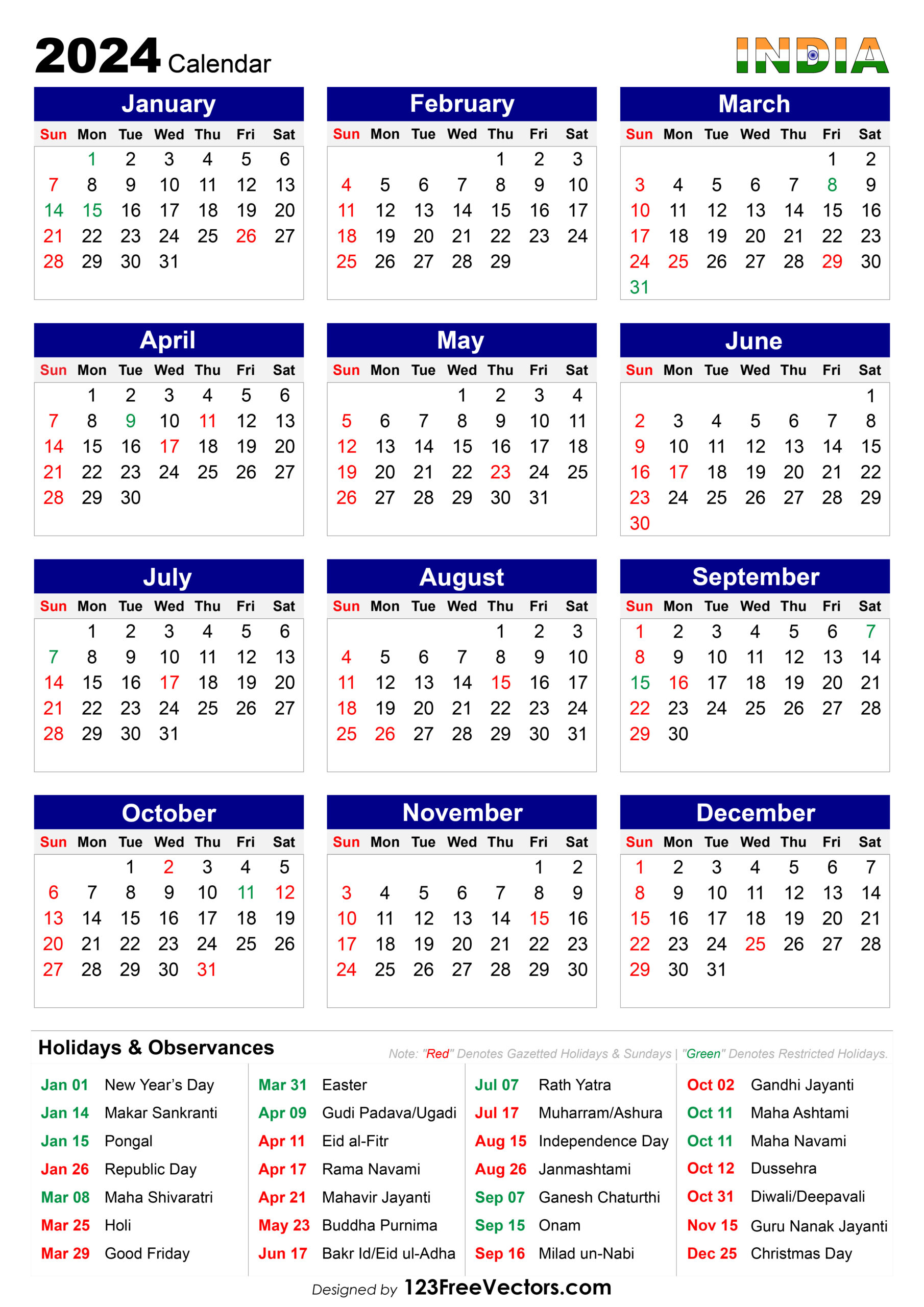 Free 2024 Calendar India with October 2024 Calendar With Holidays India