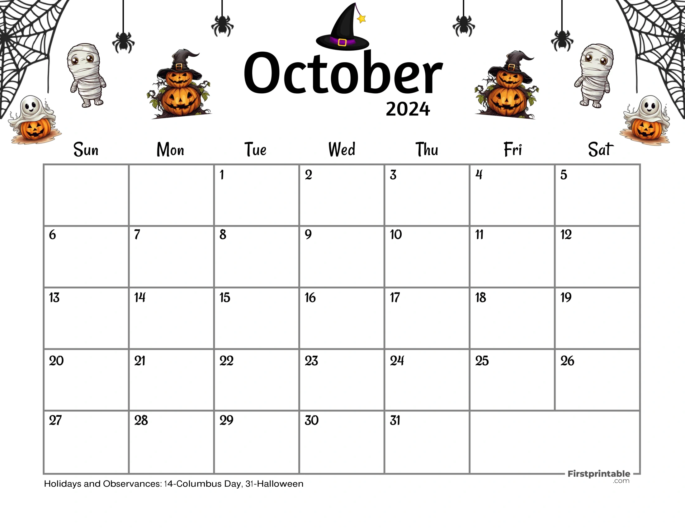 Free Printable &amp;amp; Fillable October Calendars 2024 for October 2024 Halloween Calendar Printable