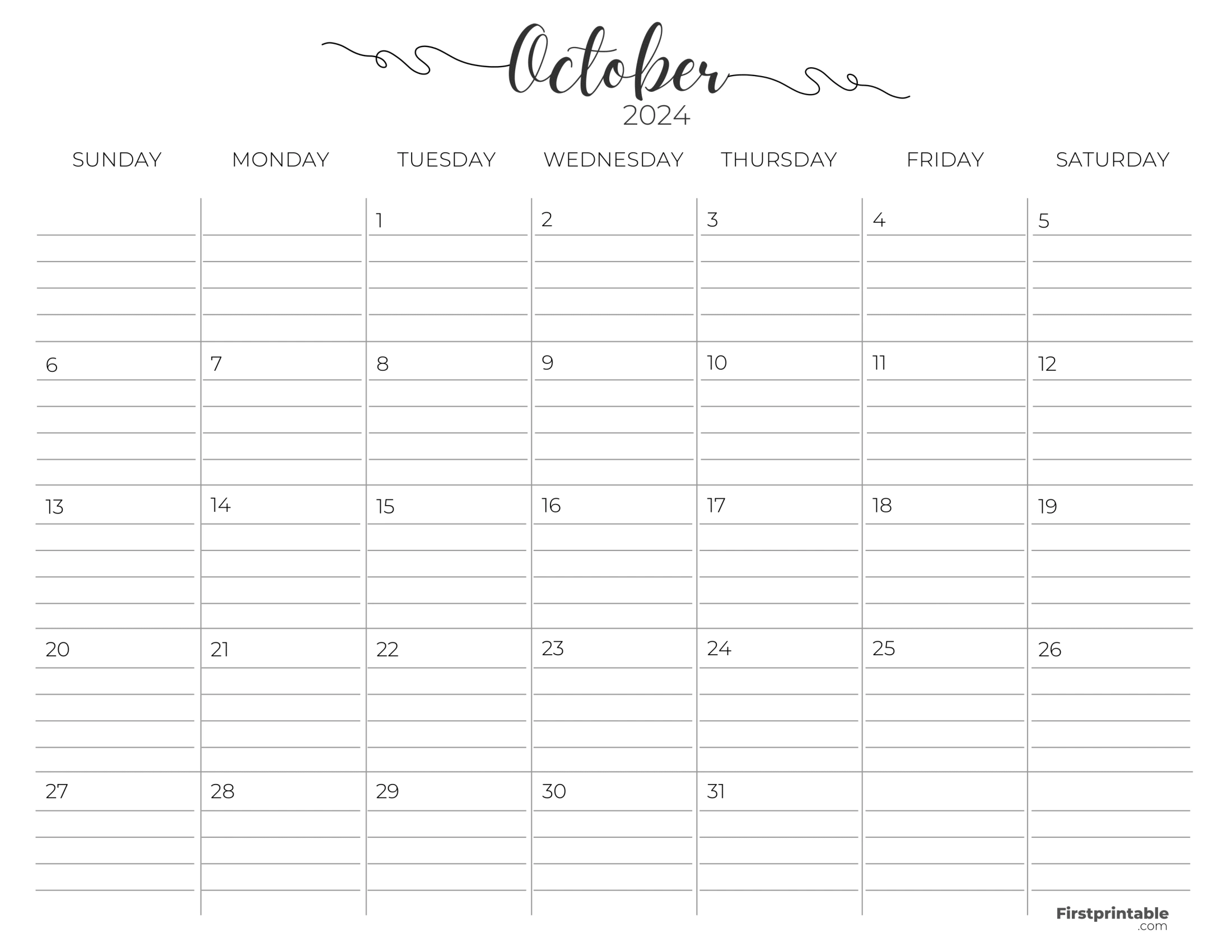 Free Printable &amp;amp; Fillable October Calendars 2024 in October 2024 Calendar With Lines Printable