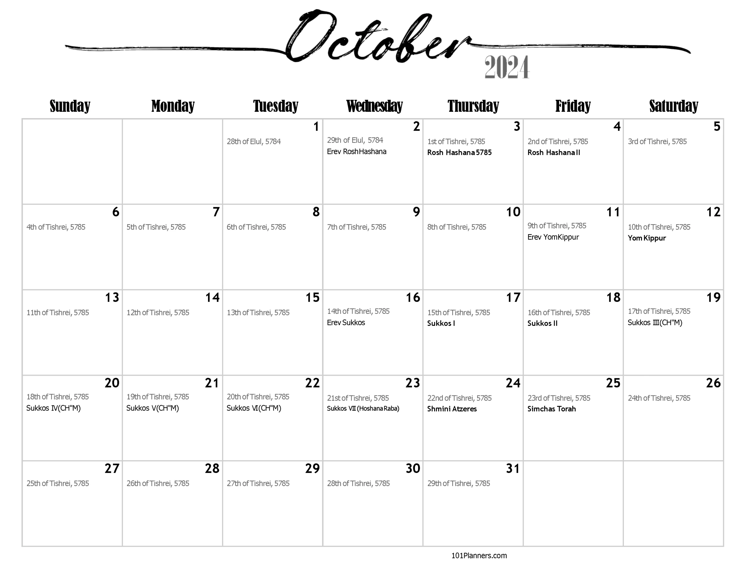 Free Printable Jewish Calendar 2024 And 2025 with October 2024 Calendar With Jewish Holidays