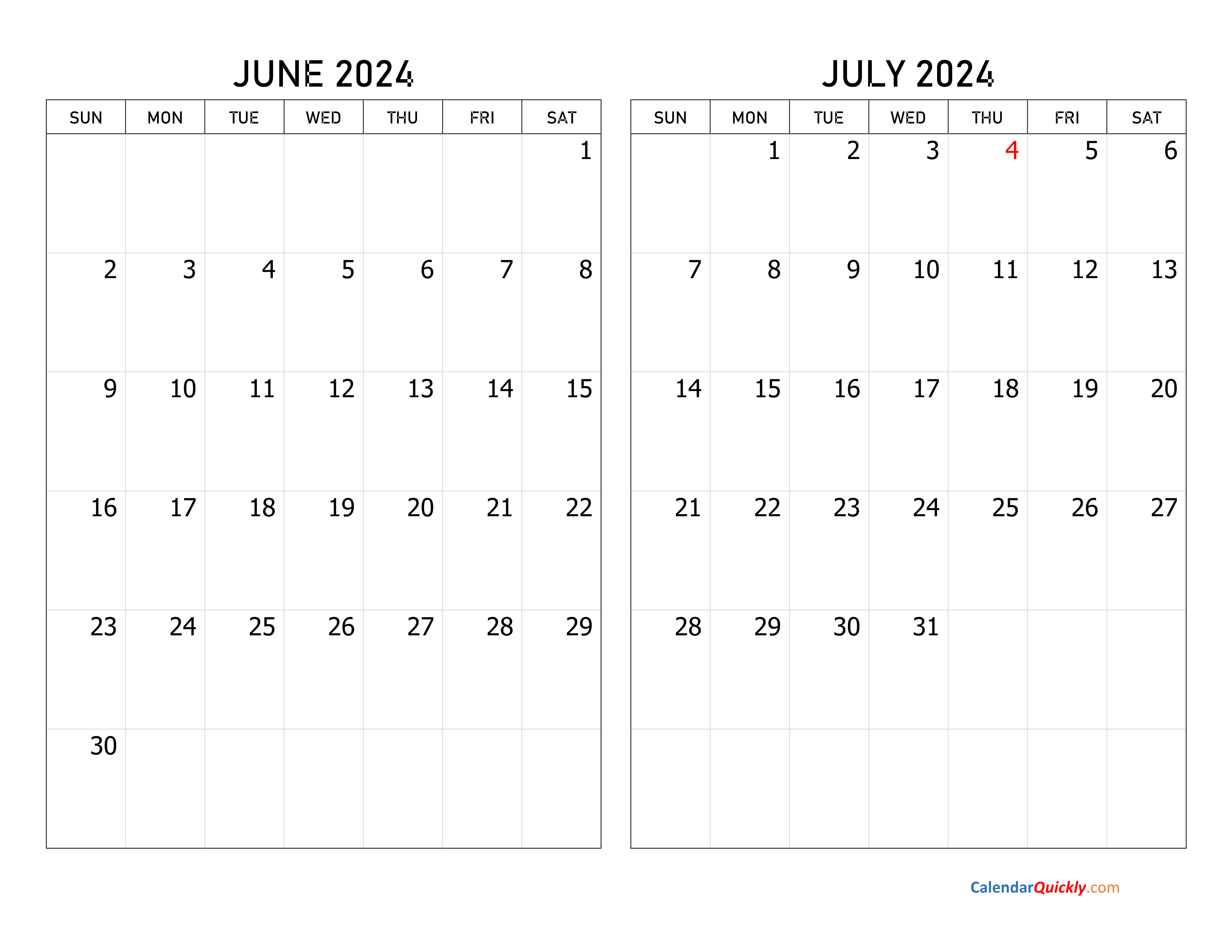 June And July 2024 Calendar | Calendar Quickly inside Blank June And July Calendar 2024