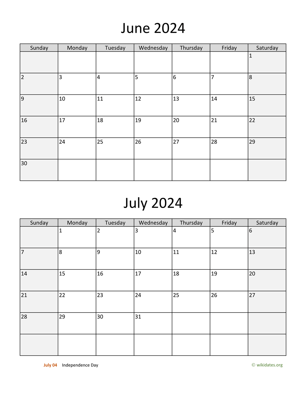 June And July 2024 Calendar | Wikidates intended for Blank June And July Calendar 2024