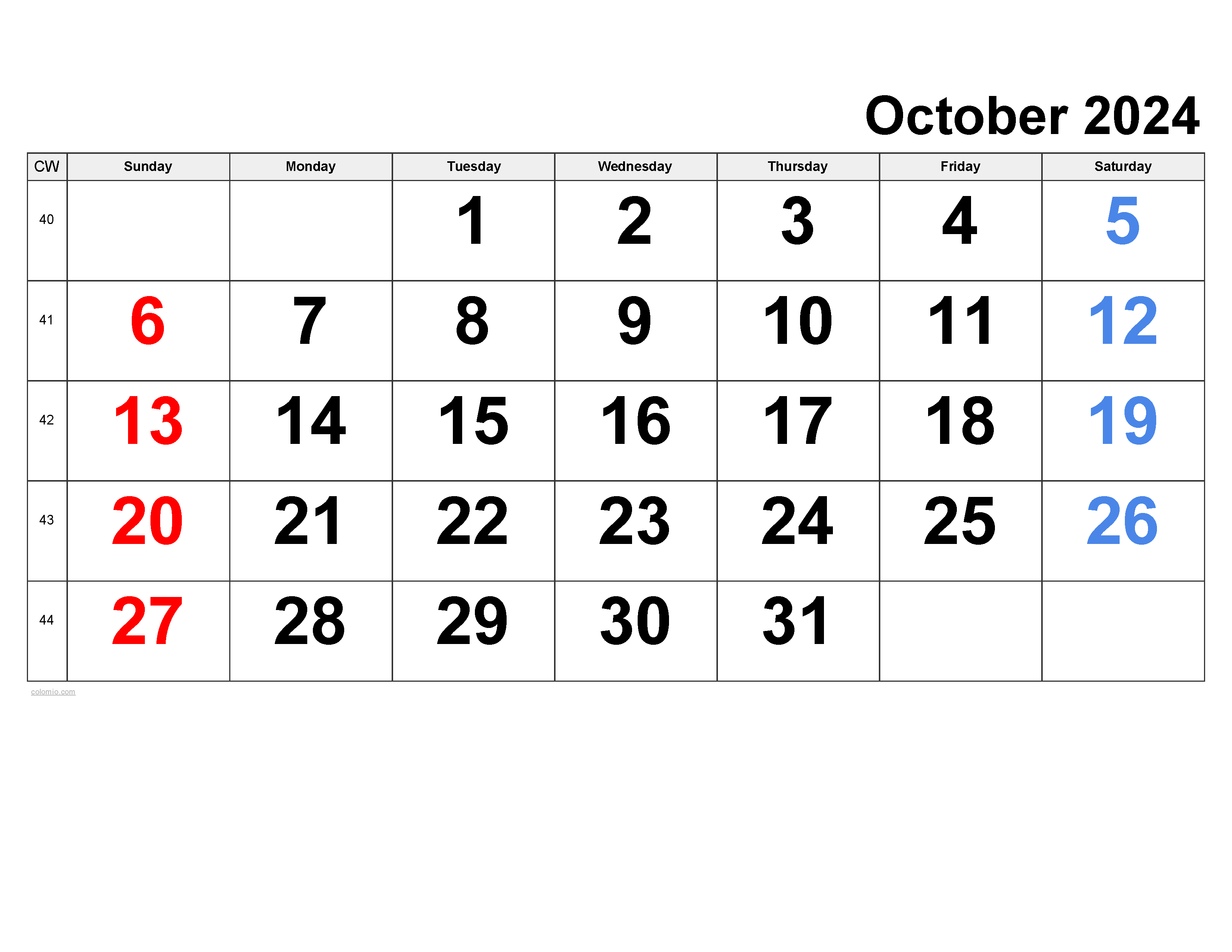 October 2024 Calendar | Free Printable Pdf, Xls And Png for October 2024 Calendar Numbers Printable