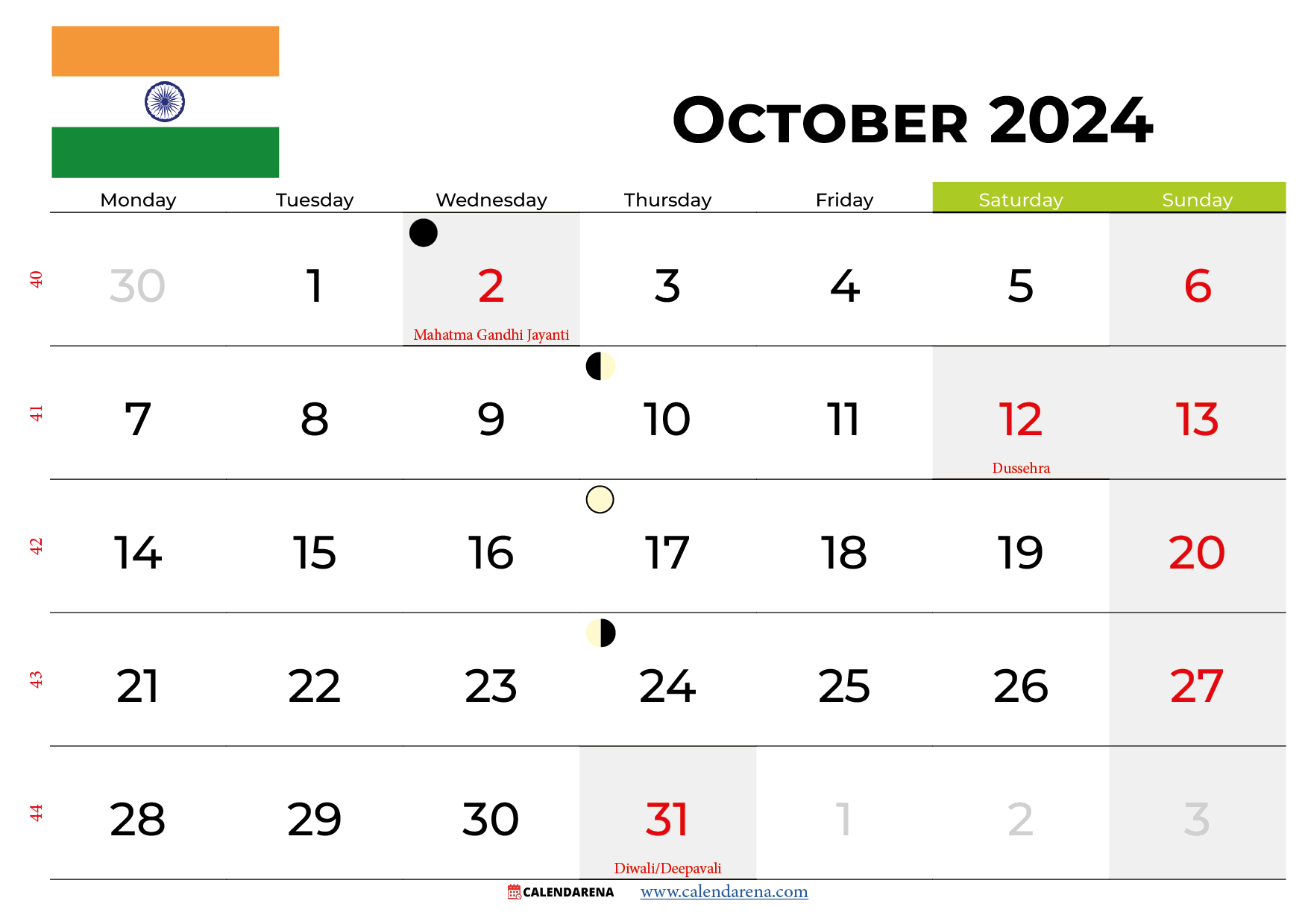 October 2024 Calendar With Holidays India Printable Calendar 2024