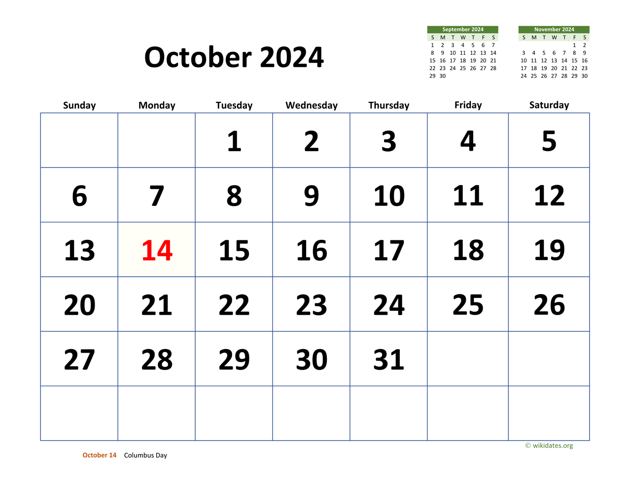 October 2024 Calendar With Extra-Large Dates | Wikidates intended for 28 October 2024 Calendar