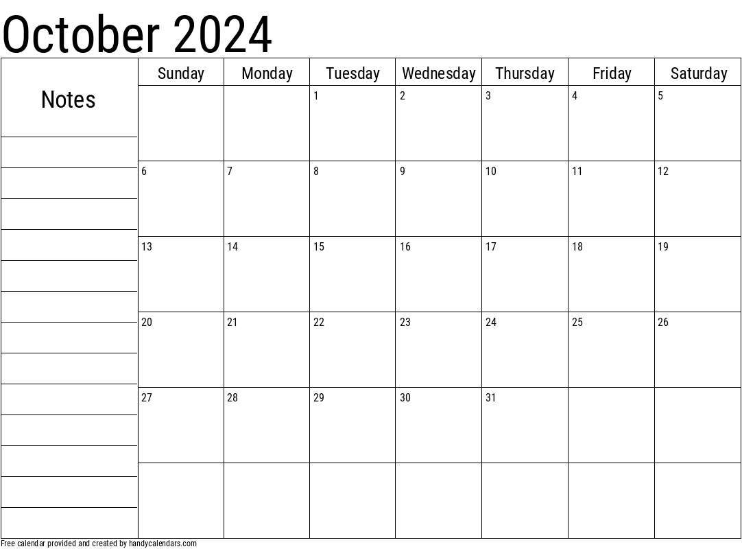 October 2024 Calendar With Notes - Handy Calendars inside October 2024 Printable Calendar With Notes