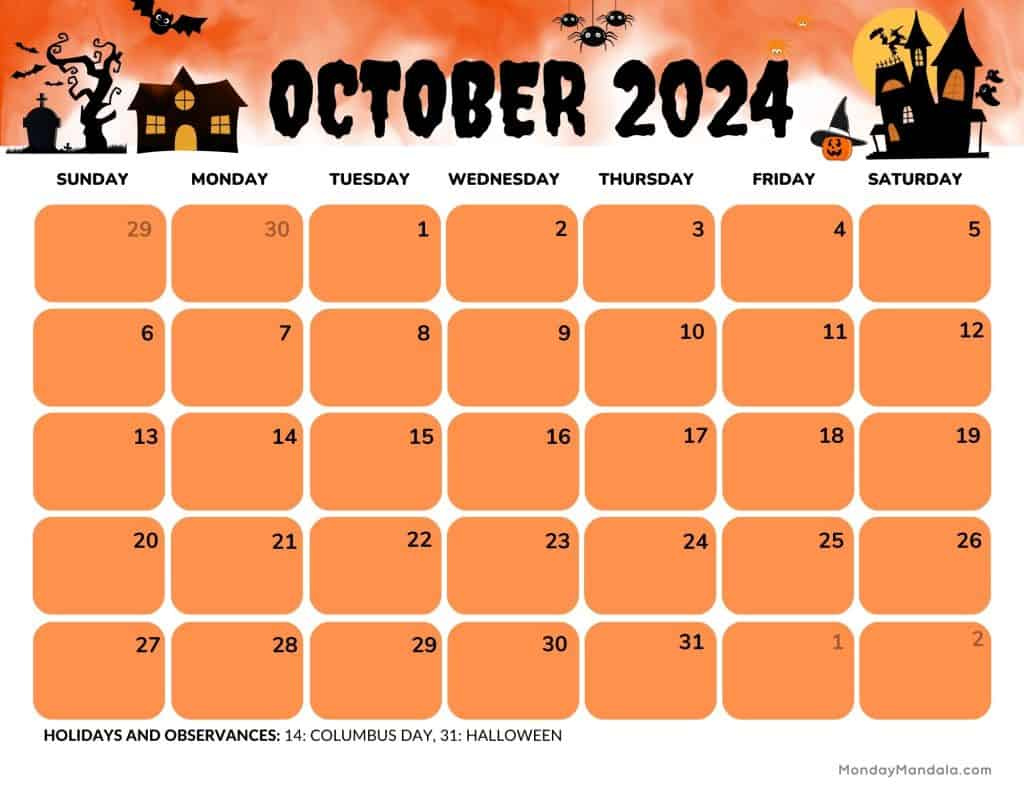 October 2024 Calendars (52 Free Pdf Printables) for Free Printable October 2024 Calendar Halloween