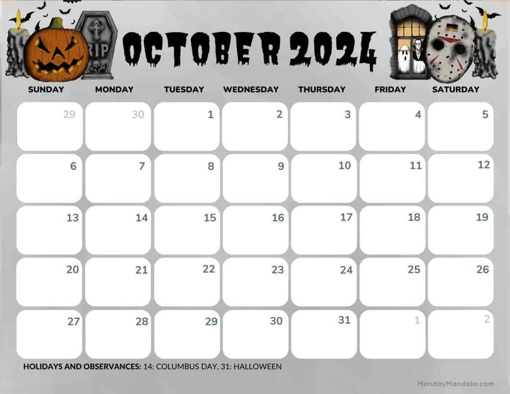 October 2024 Calendars (52 Free Pdf Printables) intended for October 2024 Calendar Halloween Printable