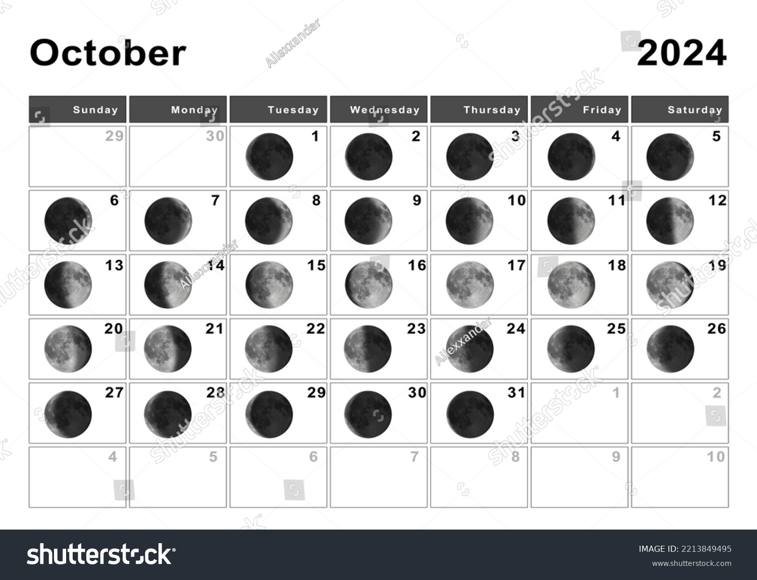 October 2024 Lunar Calendar Moon Cycles Stock Illustration with Full Moon October 2024 Calendar