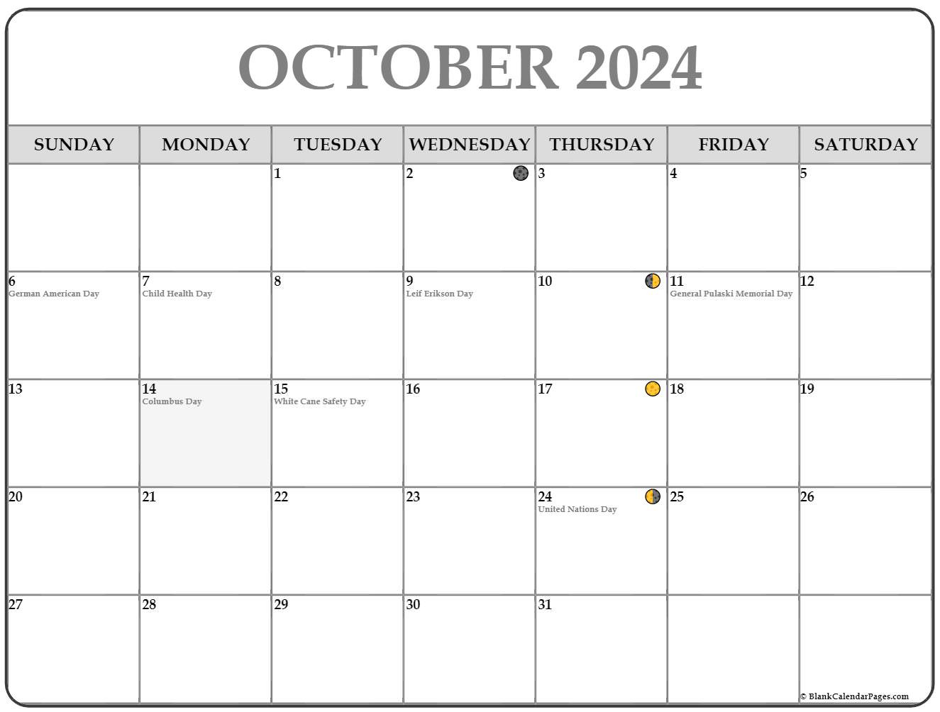 October 2024 Lunar Calendar | Moon Phase Calendar for Full Moon October 2024 Calendar