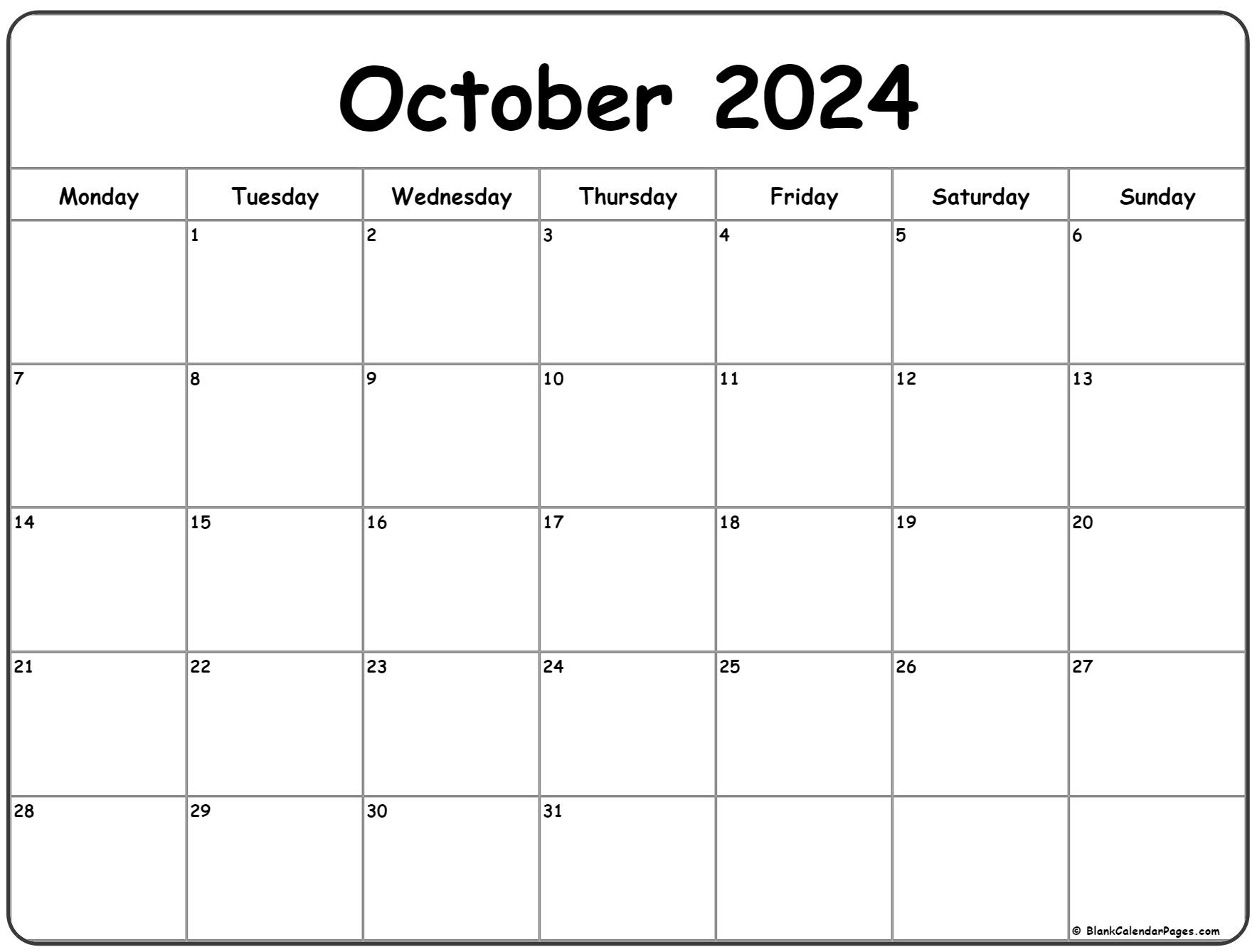 October 2024 Monday Calendar | Monday To Sunday intended for October 2024 Calendar Monday Start