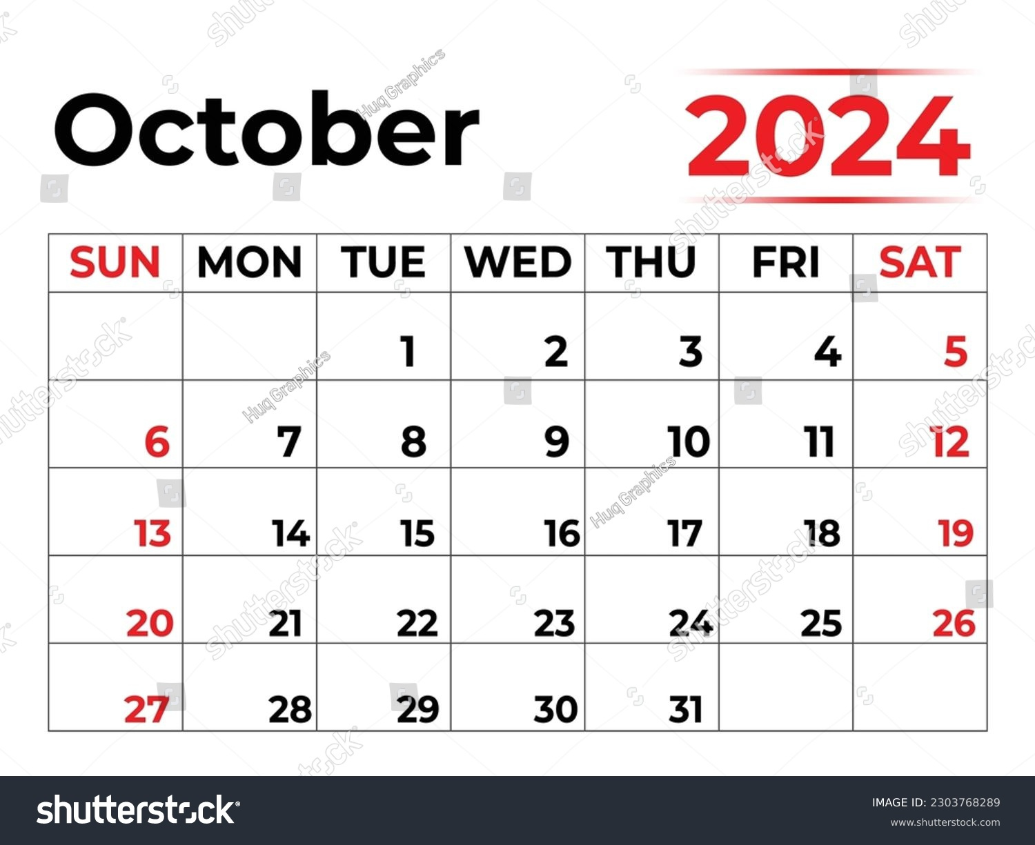 October 2024 Monthly Calendar Design Clean Stock Vector (Royalty with regard to 2024 October Month Calendar