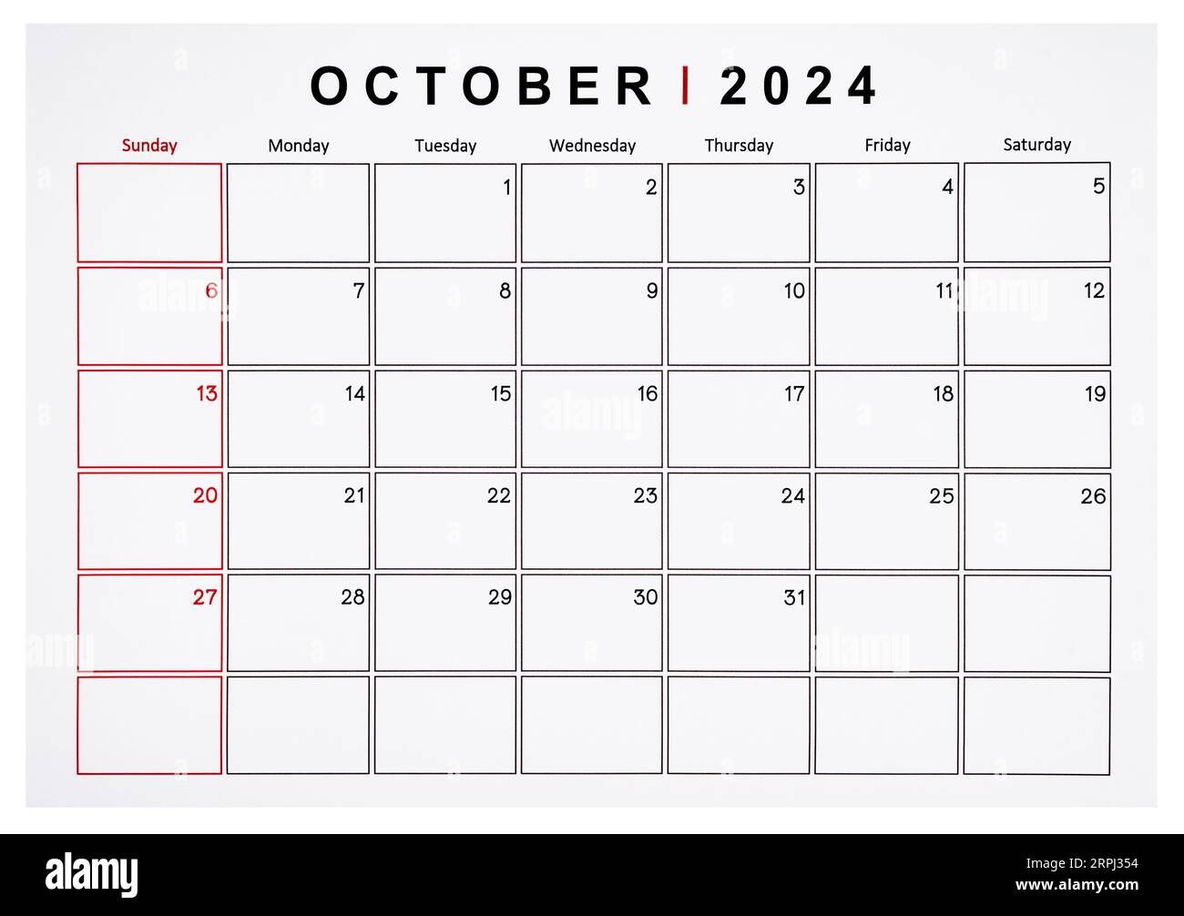 October 2024 Monthly Calendar Page Isolated On White Background inside October Monthly Calendar 2024 Printable