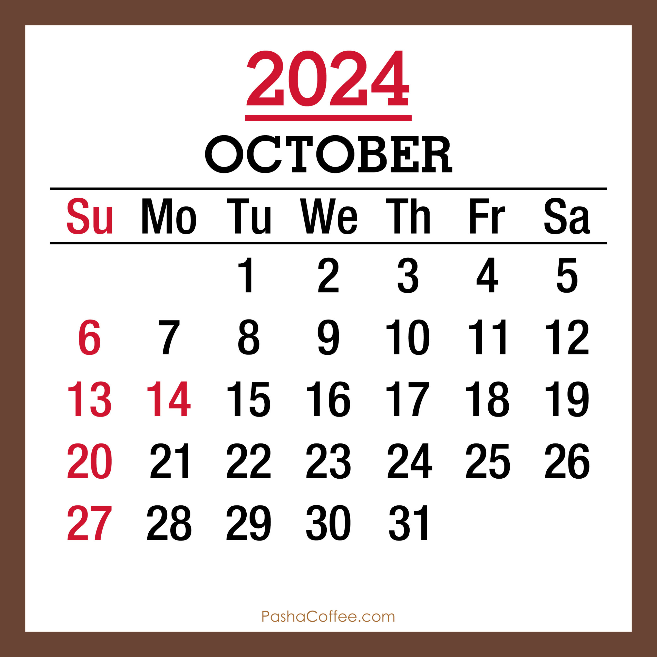 October 2024 Monthly Calendar With Holidays, Printable Free, Brown for October 2024 Calendar With Holidays