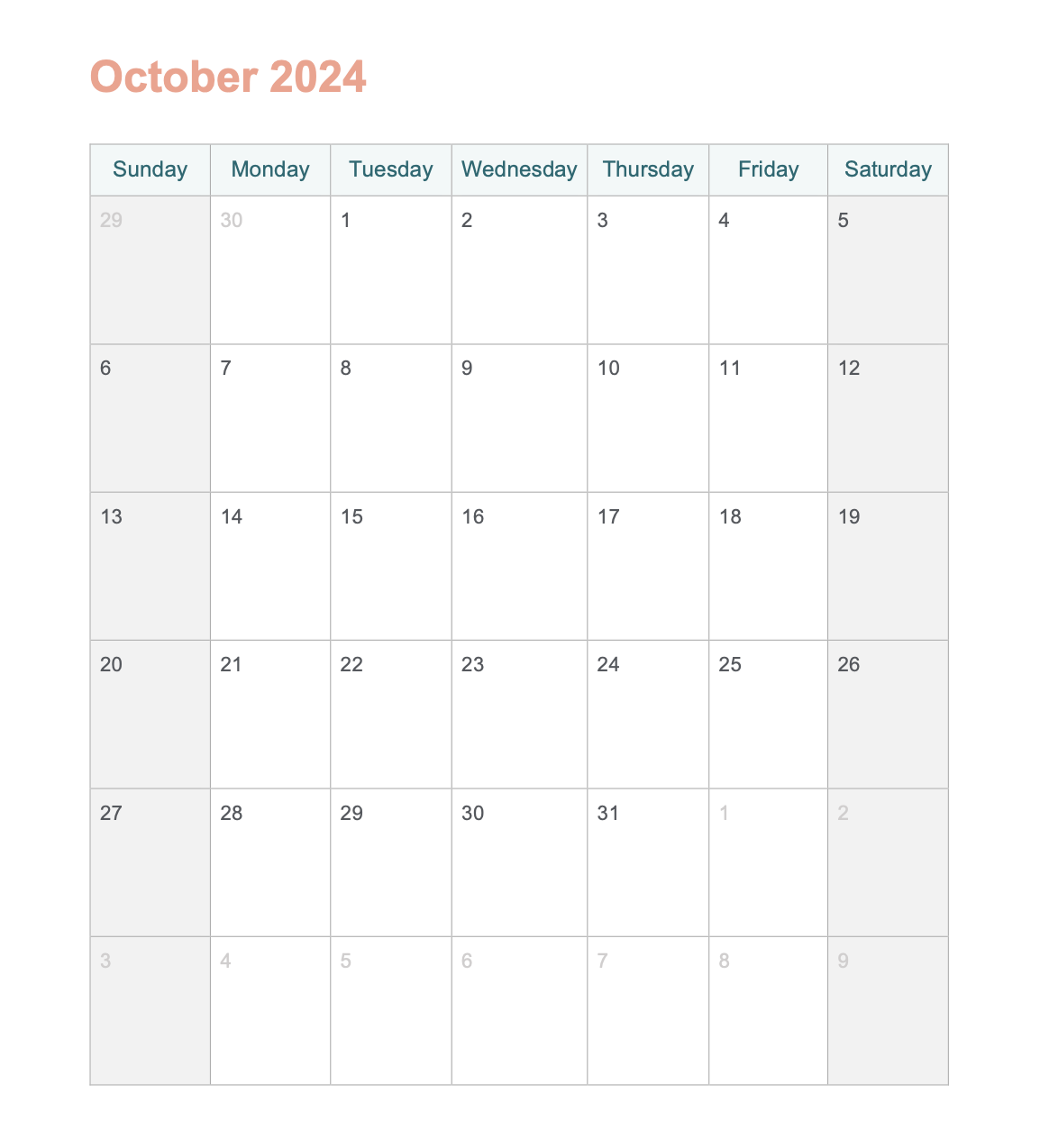 October 2024 Printable Calendar With Word - Agendrix intended for Printable October 2024 Calendar Word