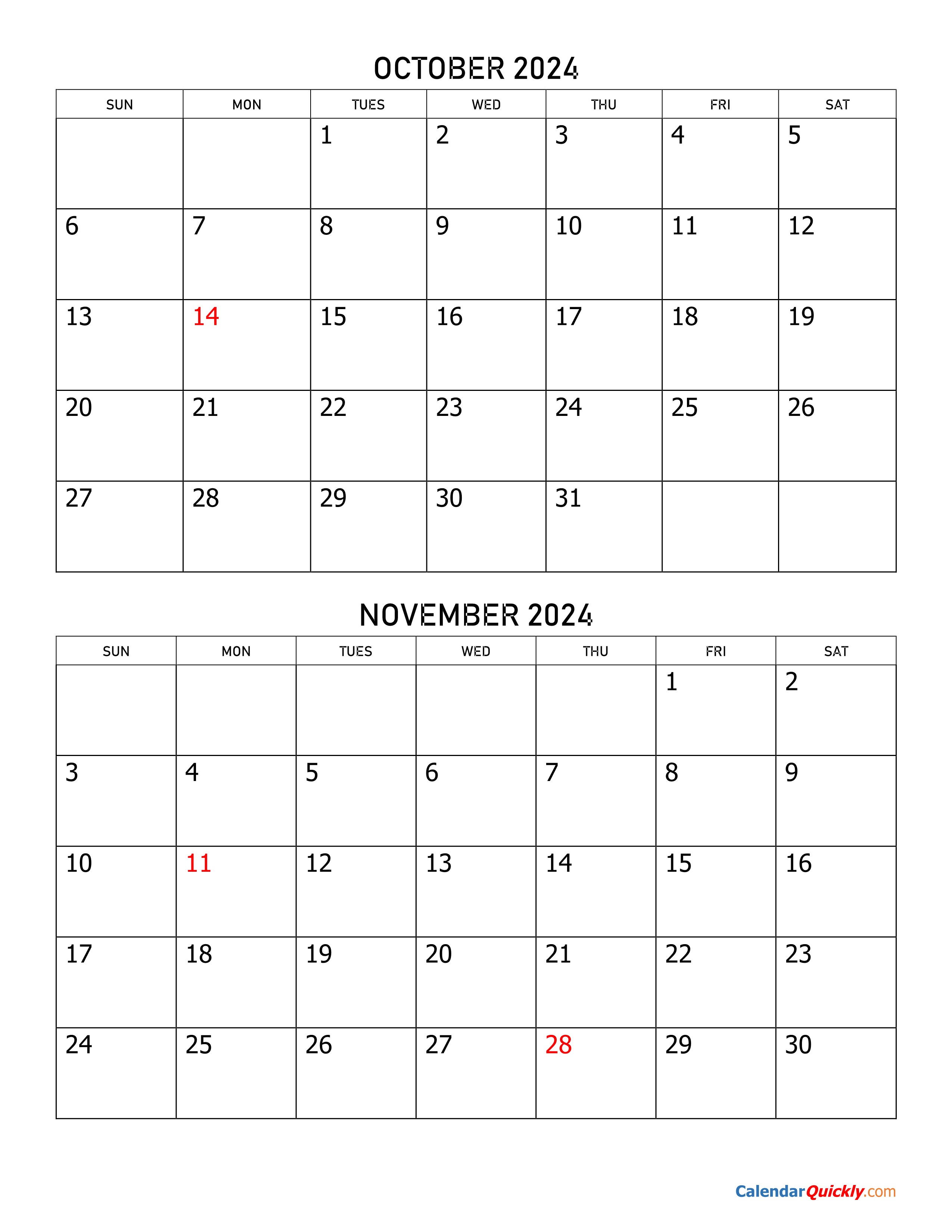 Calendar 2024 October November | Printable Calendar 2024