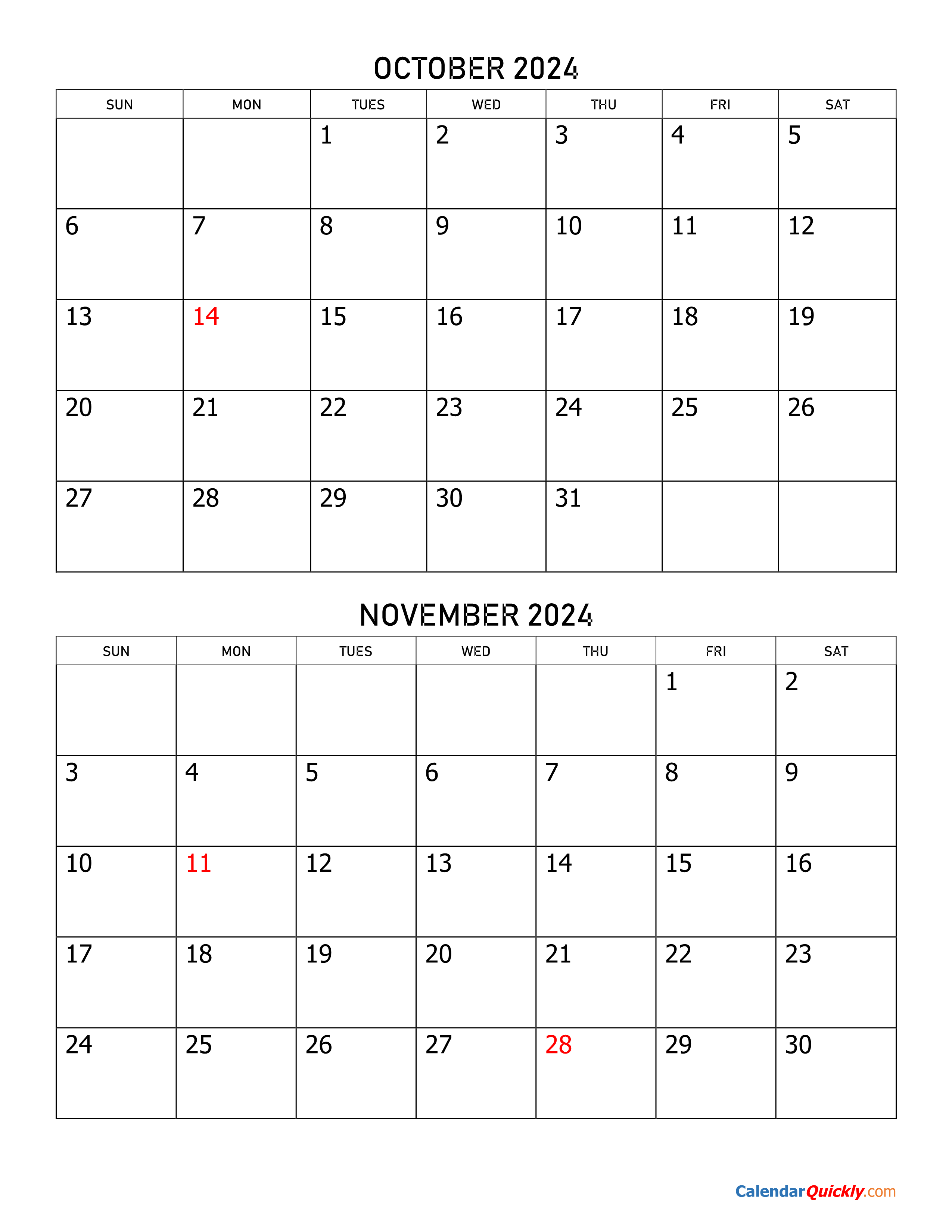 October And November 2024 Calendar | Calendar Quickly regarding Calendar Of October November 2024