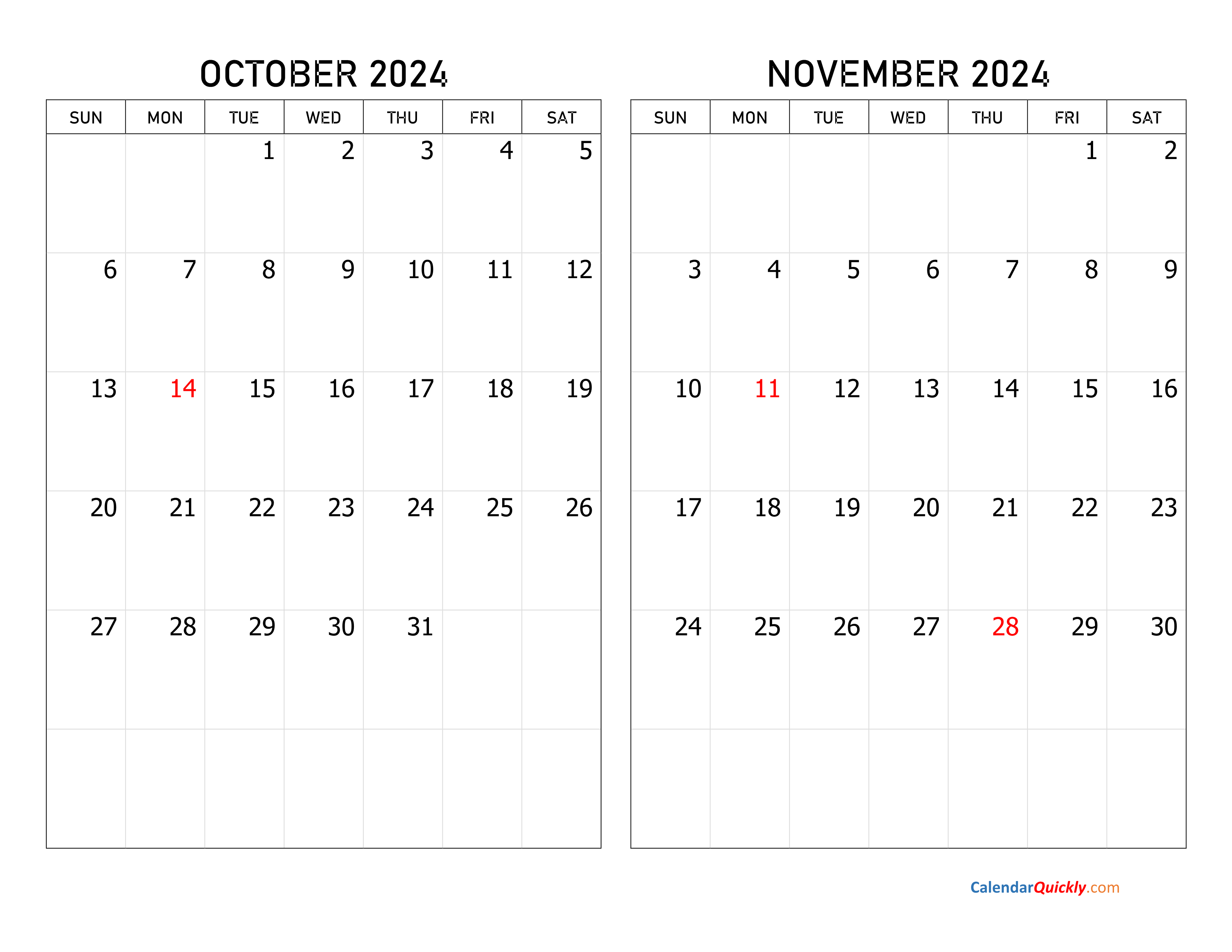 October And November 2024 Calendar | Calendar Quickly regarding Printable Calendar 2024 October November December