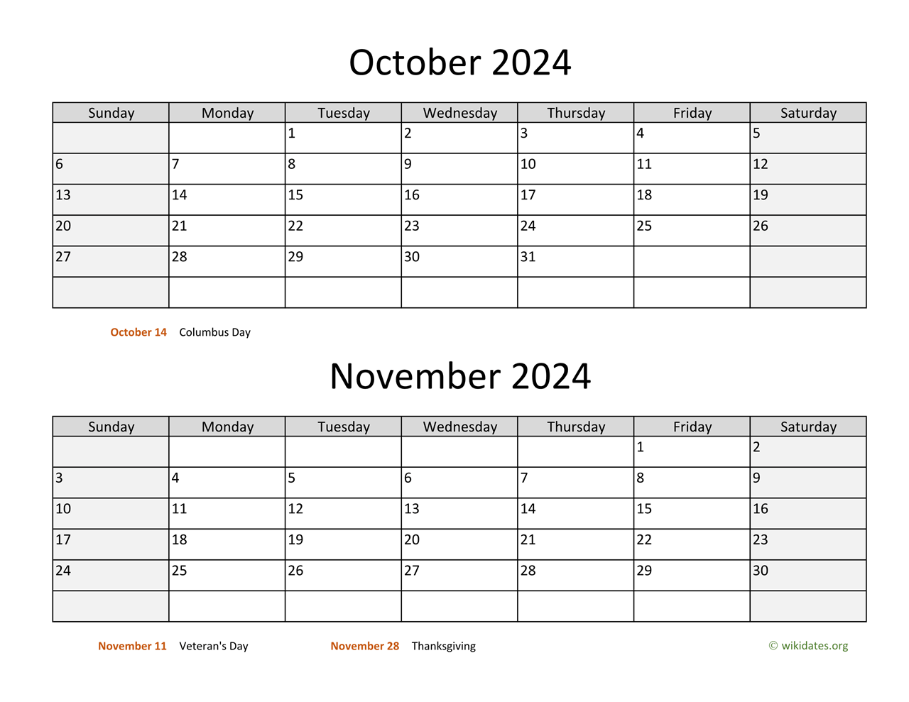 October And November 2024 Calendar | Wikidates for Calendar 2024 October And November