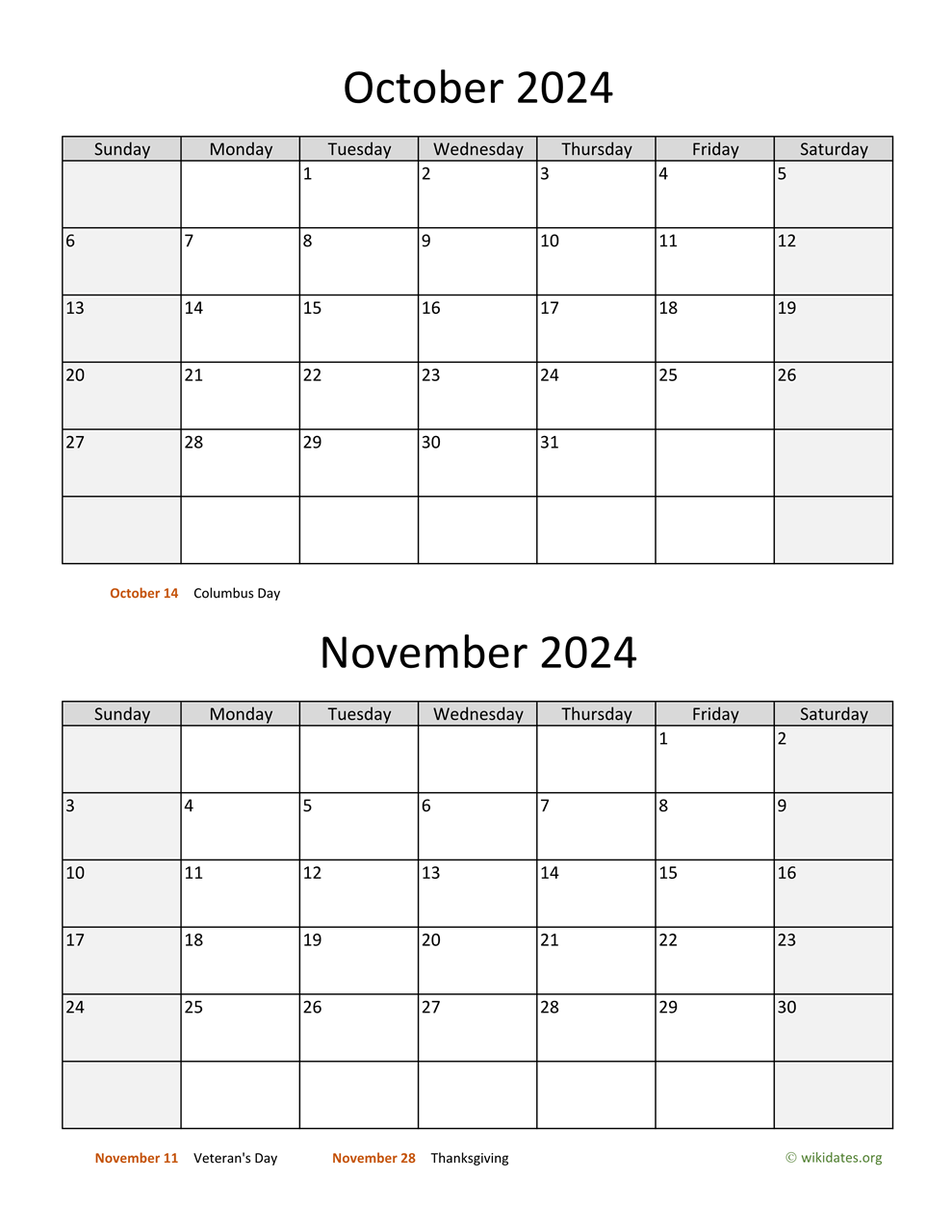 October And November 2024 Calendar | Wikidates inside Calendar October To November 2024