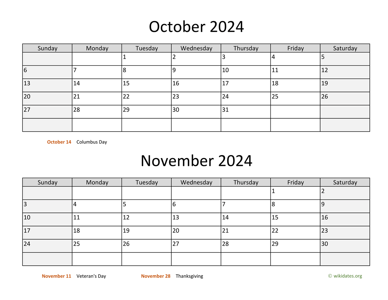 October And November 2024 Calendar | Wikidates intended for Calendar Of October November 2024