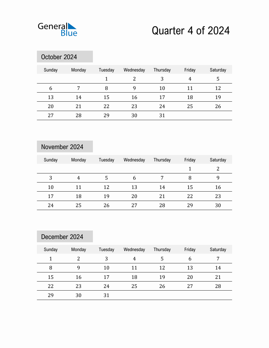 October, November, And December 2024 Calendar Template in Calendar 2024 October November