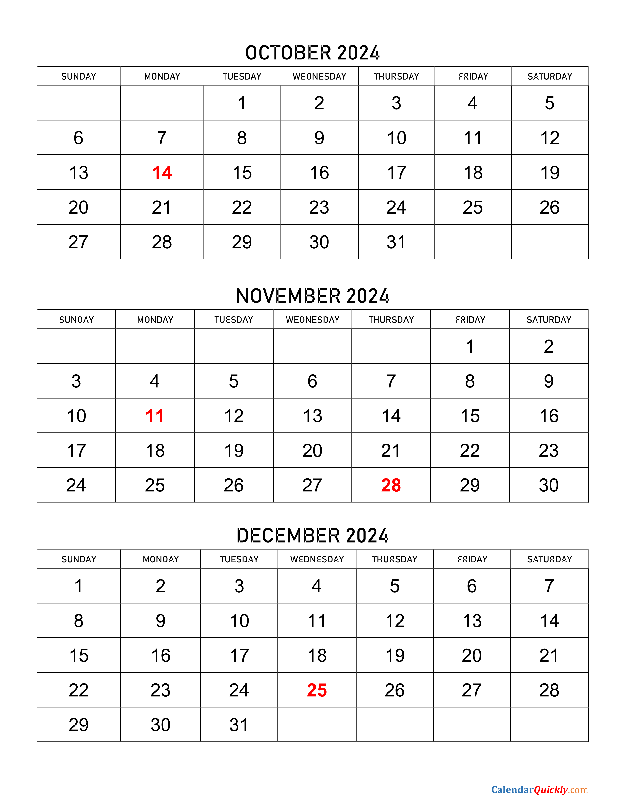 October To December 2024 Calendar | Calendar Quickly for Printable Calendar October November December 2024