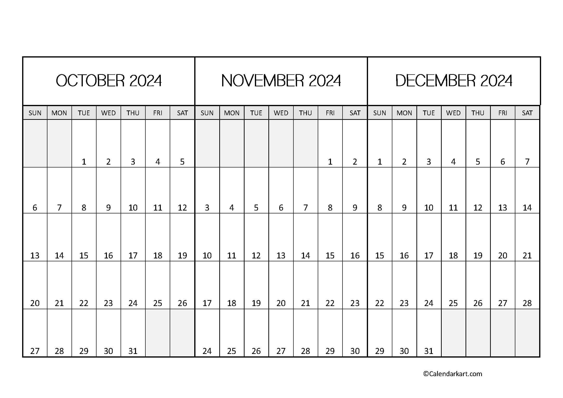 October To December 2024 Calendar (Q4) - Calendarkart for October November December 2024 Printable Calendar