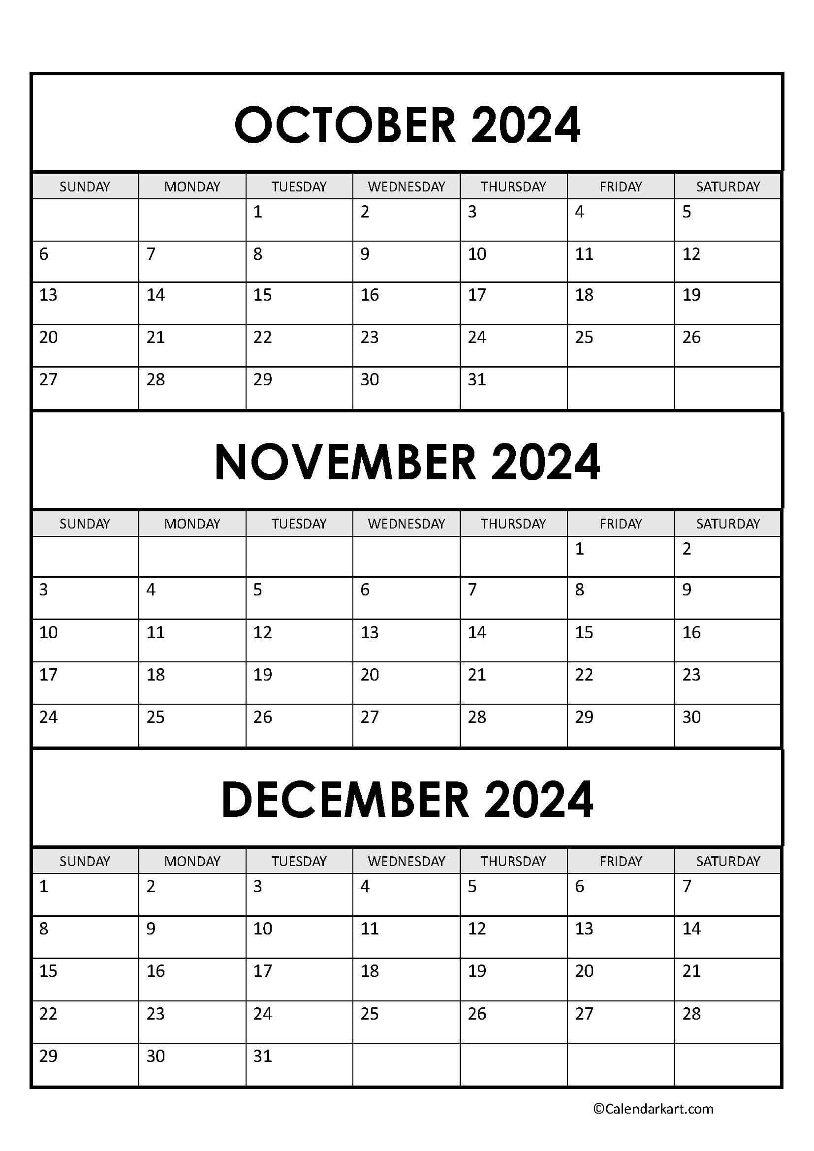 October To December 2024 Calendar (Q4) - Calendarkart inside Calendar Printable October November December 2024