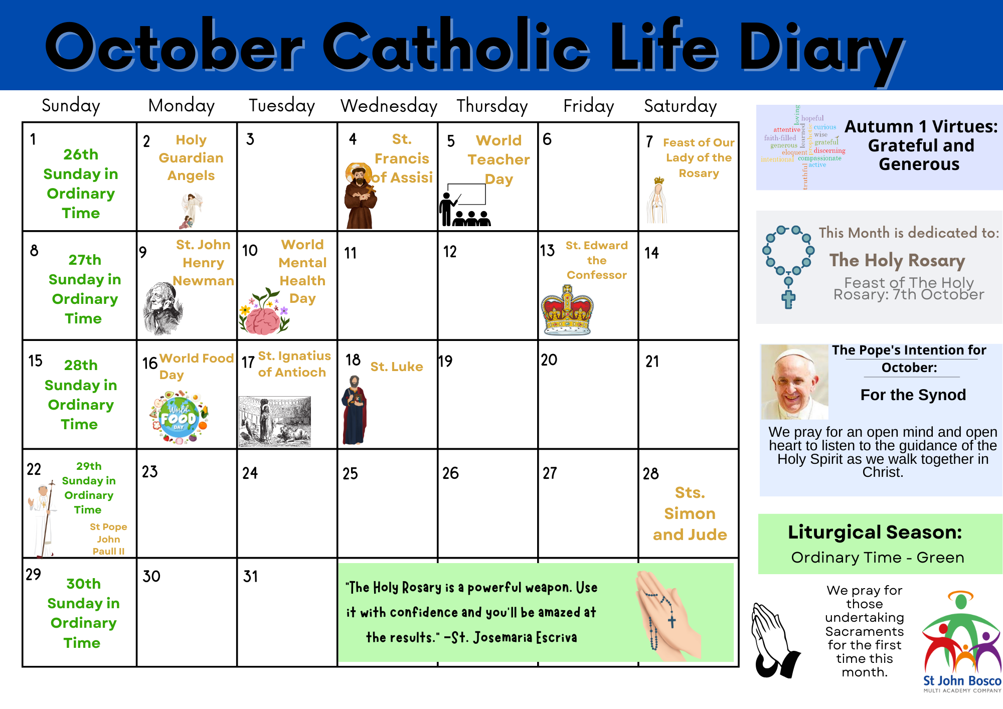 Our Catholic Life Diary | Bishop Milner Catholic College in Catholic Calendar October 2024