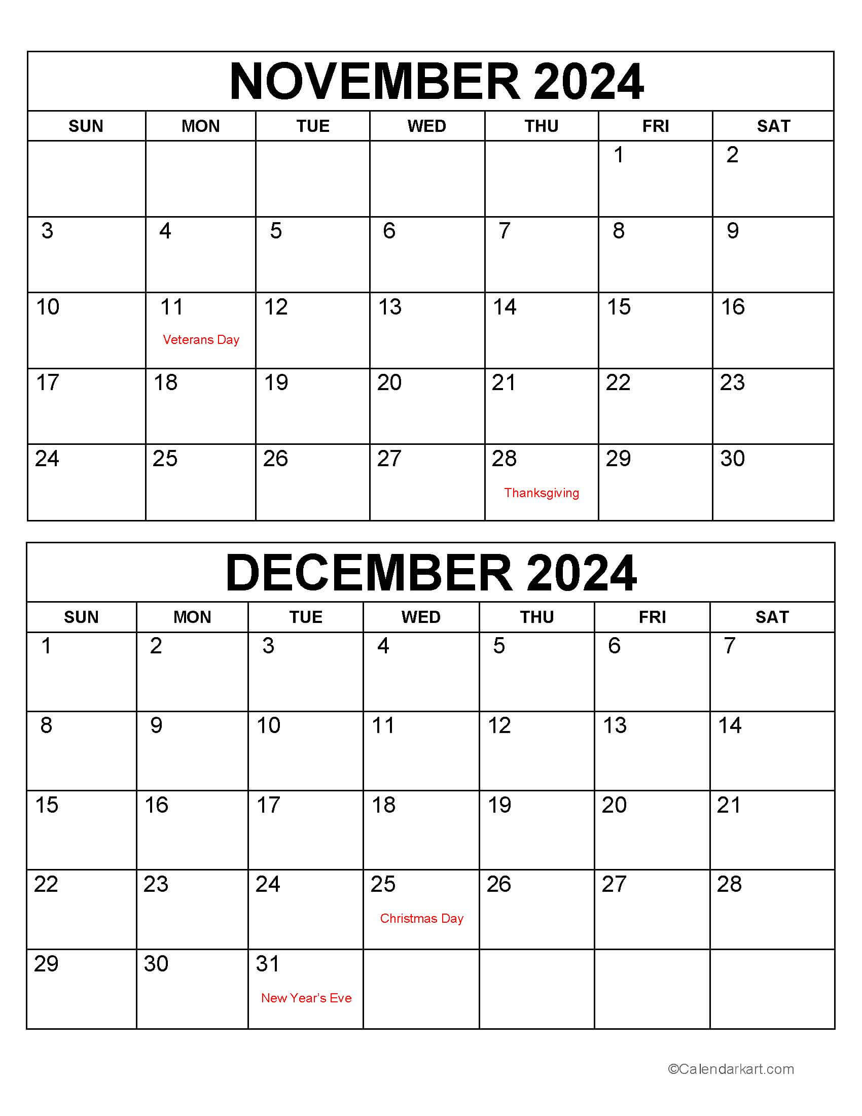 Printable November December 2024 Calendars | Calendarkart inside October November December 2024 Calendar