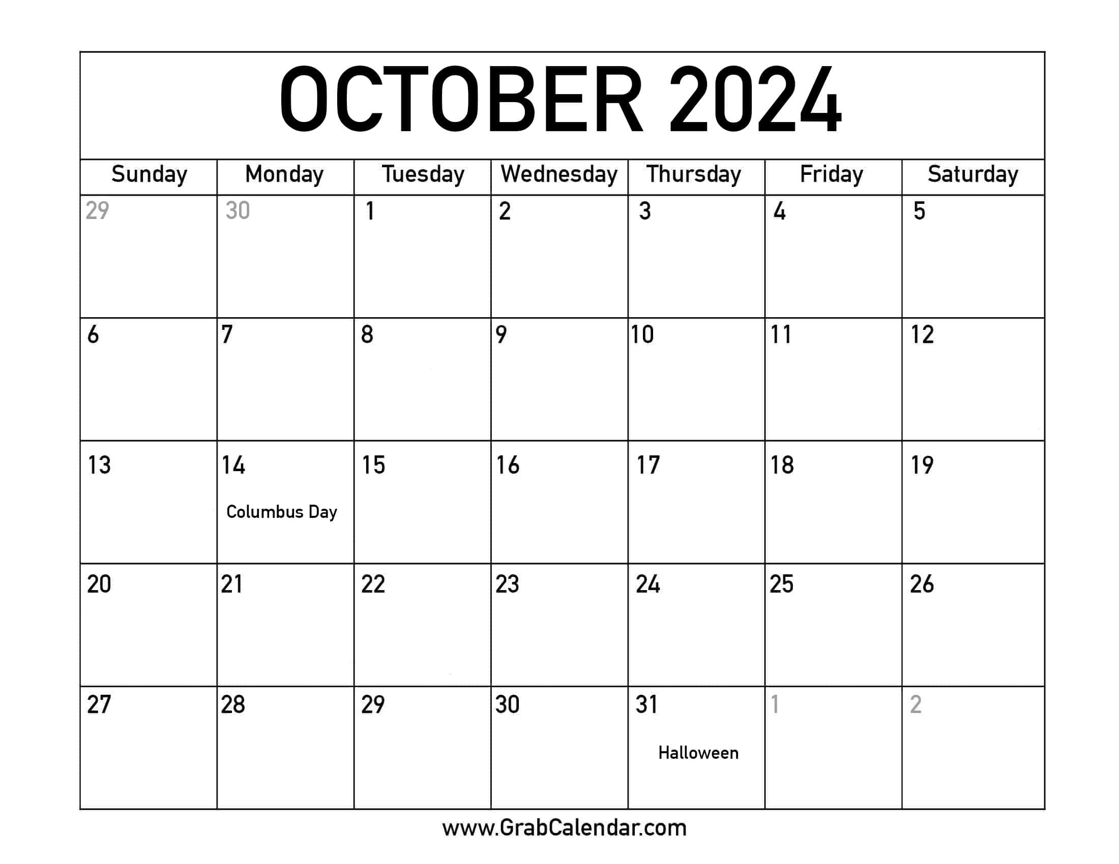 Printable October 2024 Calendar intended for October Calendar 2024 With Holidays