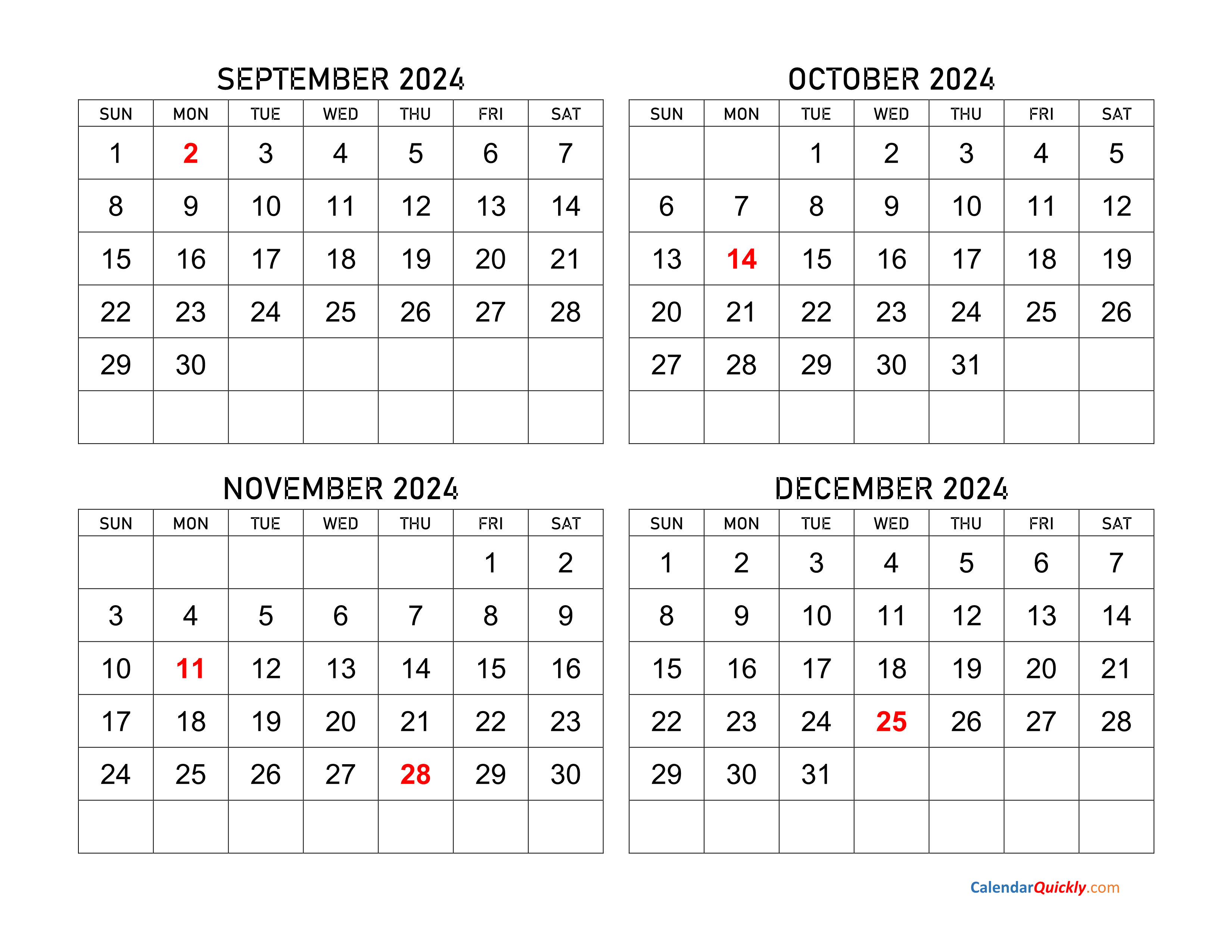 September October November December 2024 Calendar Printable Calendar 2025