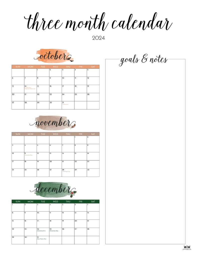 Three Month/Quarterly Calendars - 36 Free Calendars | Printabulls pertaining to Printable 3 Month Calendar October November December 2024