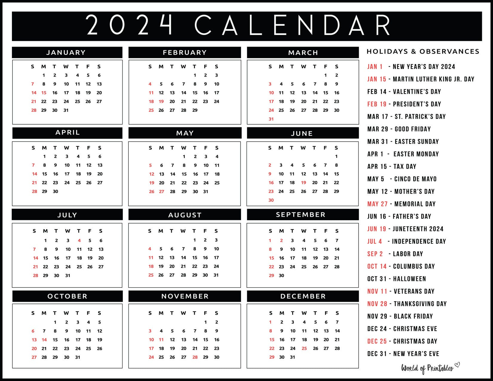 2024 Calendar With Holidays - World Of Printables inside 2024 Printable Calendar With Holidays November And December