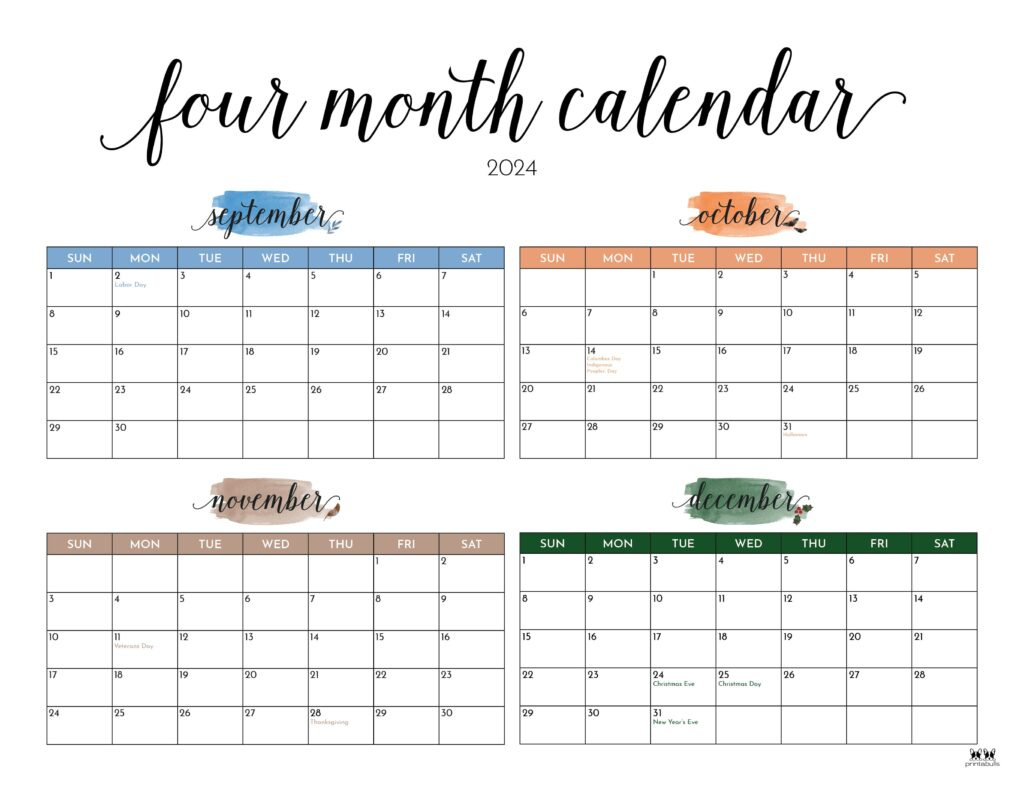 2024 Four Month Calendars - 18 Free Printables | Printabulls with 4 Month Printable Calendar August Thru November 2024